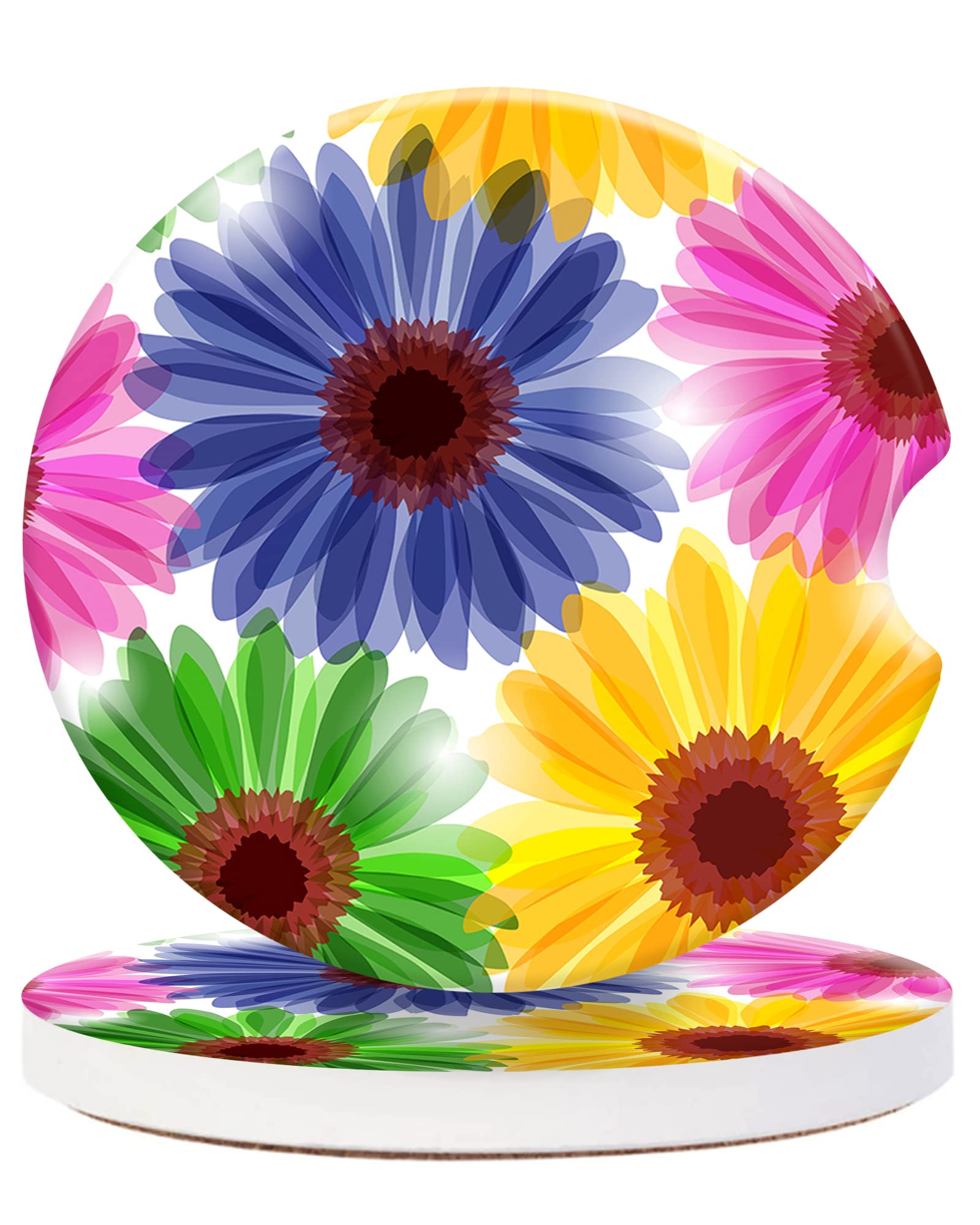 2 Pack Universal Ceramic Car Cup Holder Coasters - Cute Daisy Sunflower Design with Finger Notch for Easy Removal | Durable Non-Slip Car Accessories for Coffee, Drinks & Snacks | Perfect for Vehicles, Office & Home Use