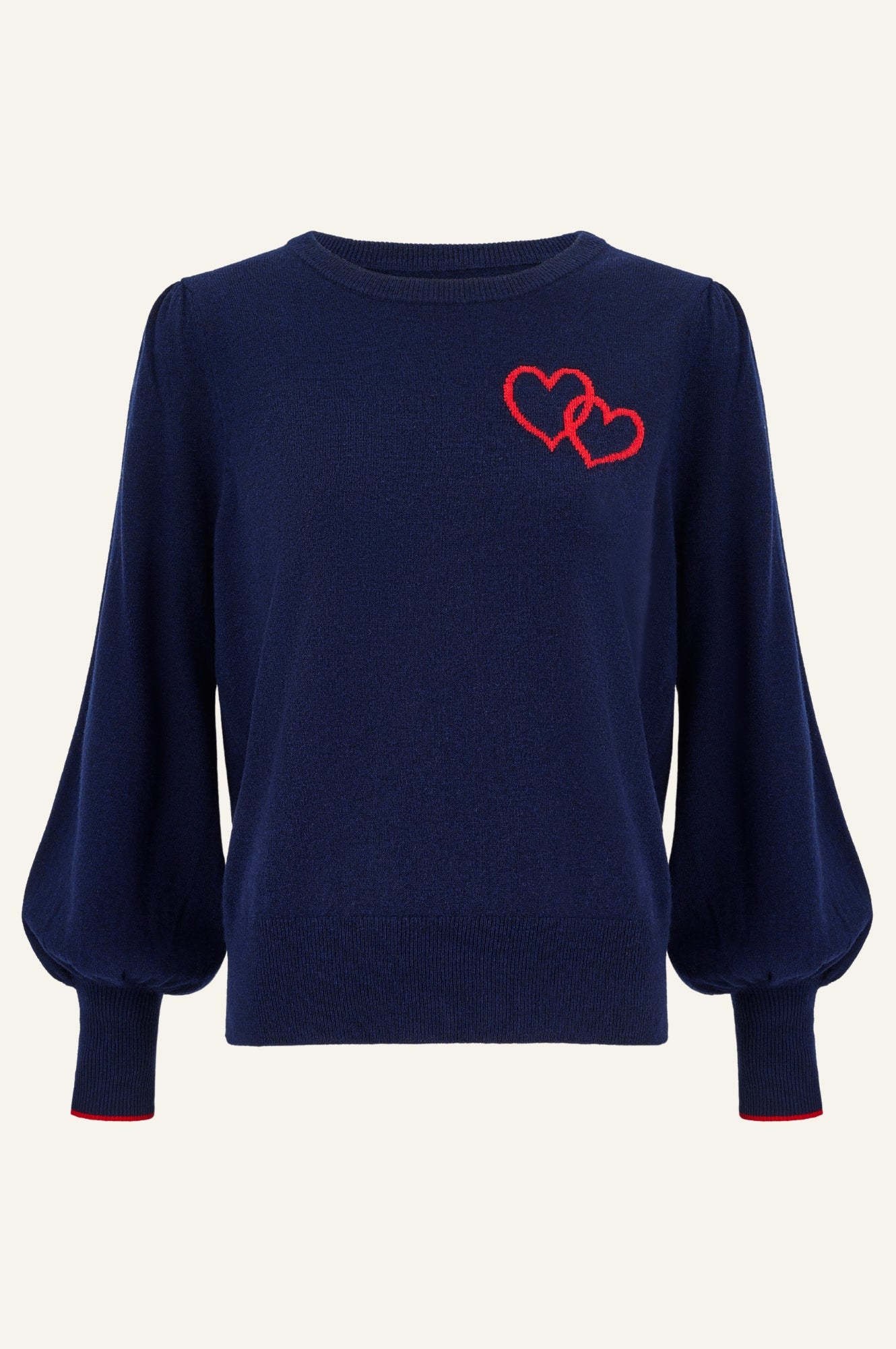 Merino Wool Hearts Crew Neck Sweater for Women - Navy & Red Striped Knit Pullover | Cozy Winter Fashion, Casual Outfit, Gift Idea