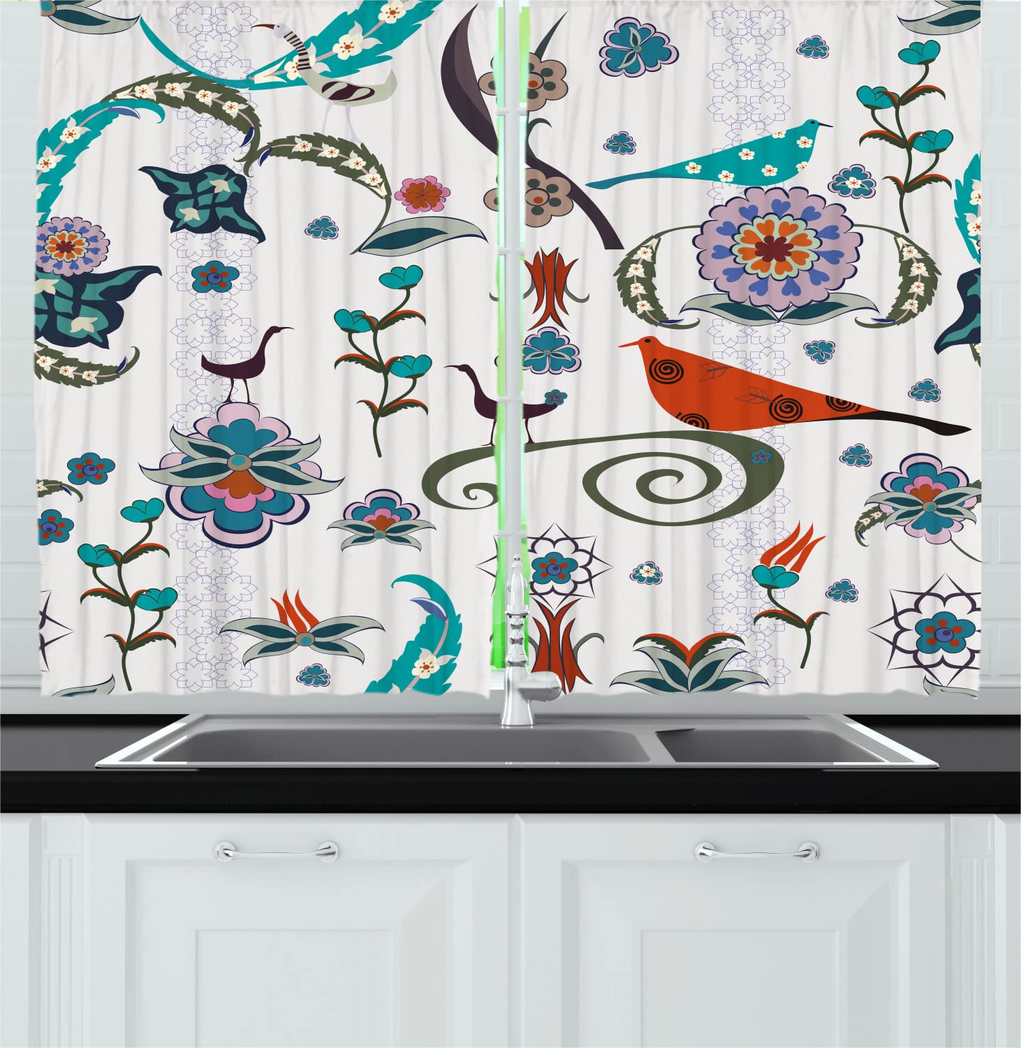 Ambesonne Bohemian Ethnic Long Kitchen Curtains - Floral Swirls, Buds, Birds & Leaves Design - Colorful Cultural Drapes with Rod Pocket - 55