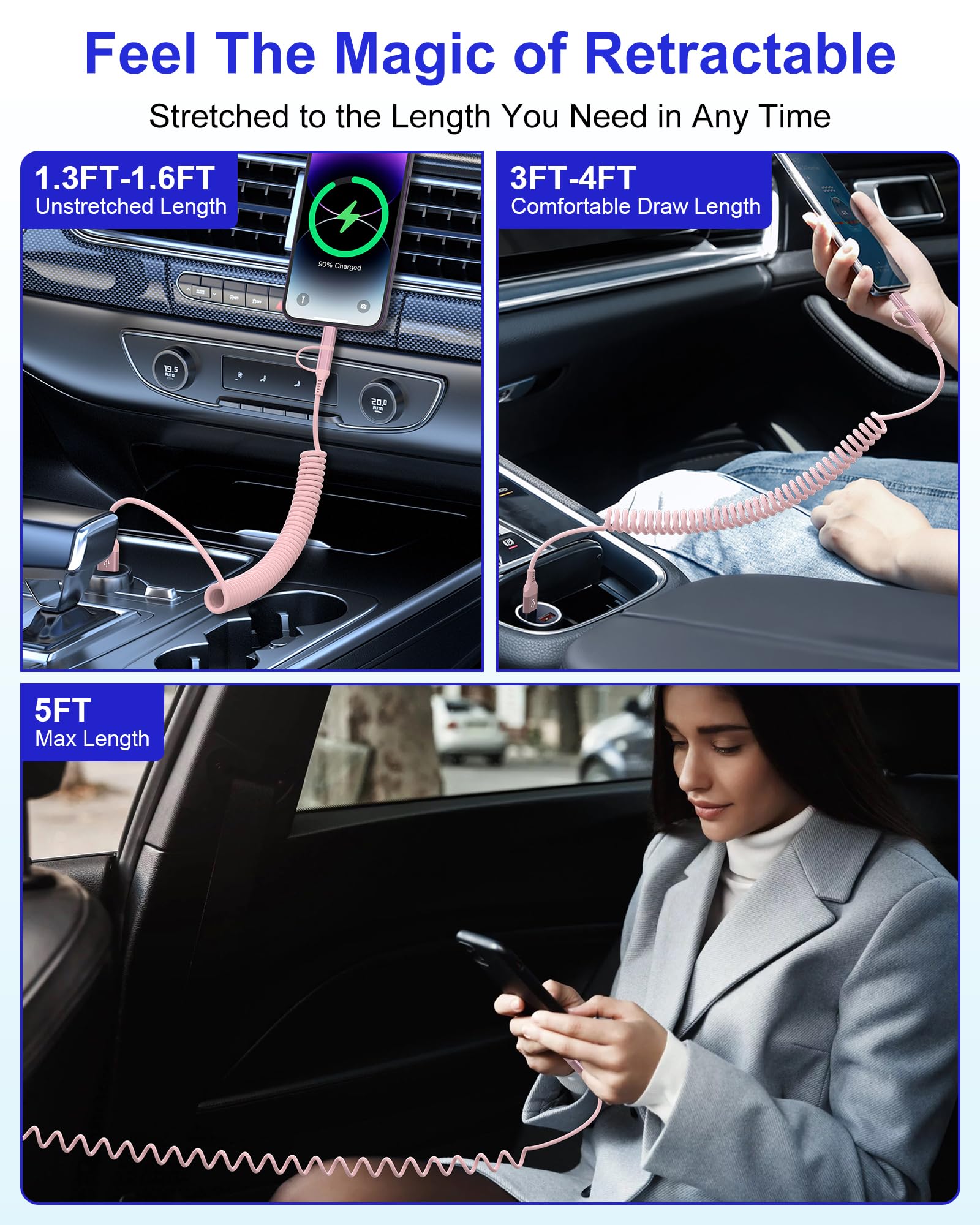 2-in-1 USB to Lightning & USB C Coiled Charging Cable - Pink iPhone & Android Fast Charger with Data Sync (Supports Apple CarPlay & Android Auto) - Perfect for iPhone 16/15/14/13/12/11 & Android Devices in Car, Home & Office Use