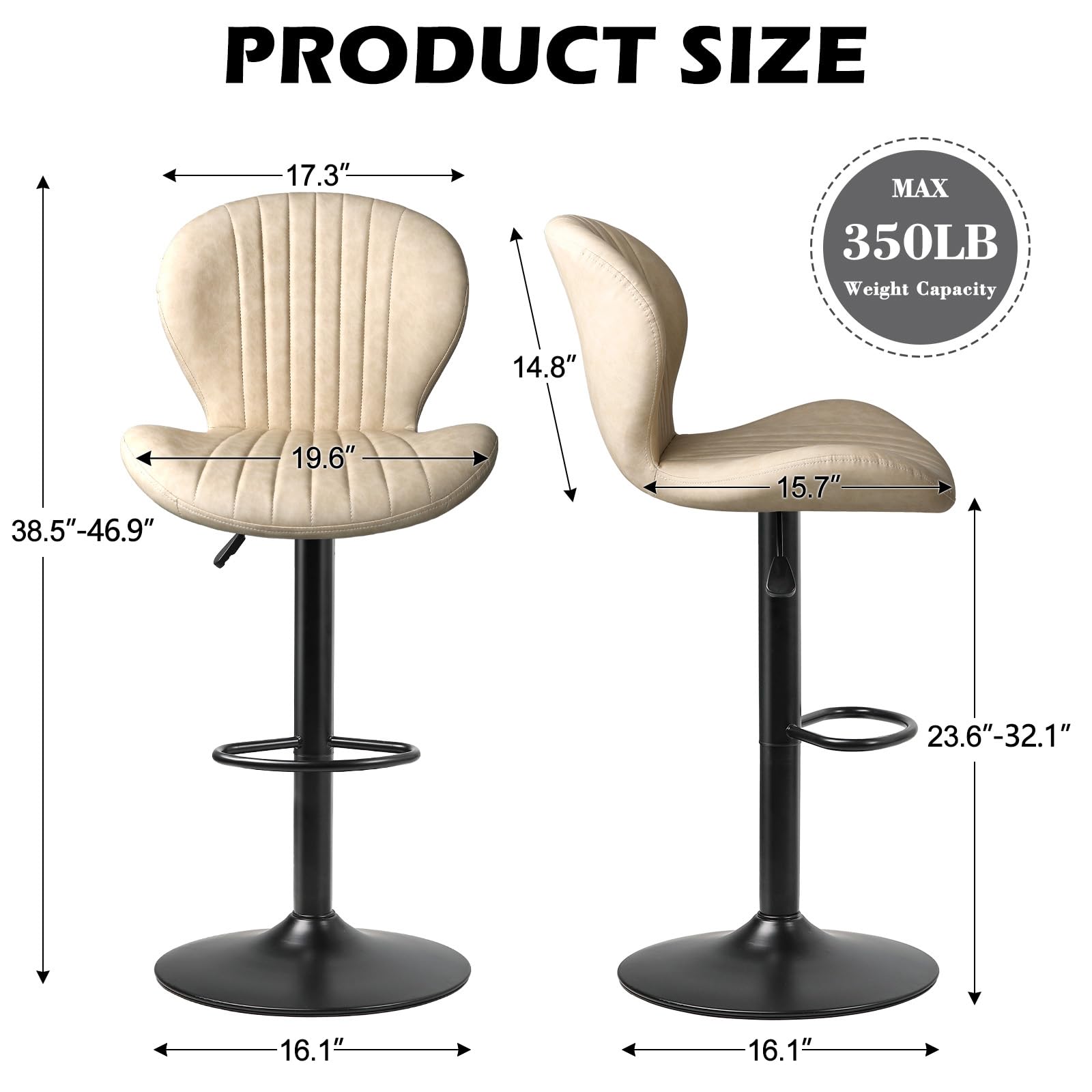 PUKAMI 2-Pack Adjustable Swivel Bar Stools with Backrest & Footrest - Modern Faux Leather Counter Height Bar Chairs for Kitchen, Dining Room, Home Bar - Comfortable & Stylish Seating for Entertaining (Beige)