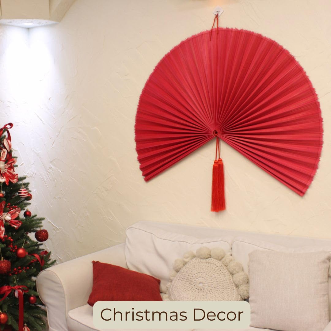 Large Folding Bamboo Wall Fan Decor - 47in Handmade Boho Fan Wall Art, Over Bed Headboard Decor for Bedroom, Living Room, and Patio - Red (M)