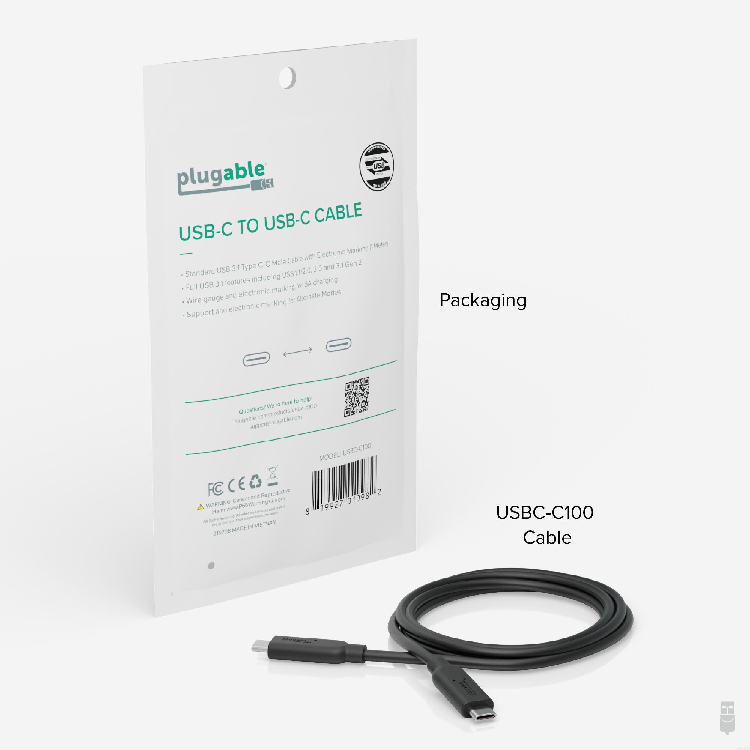 Plugable 10Gbps USB C to USB C Cable 3.3ft (1M) - 5A Fast Charging & Data Sync, USB-IF Certified USB 3.1 Gen 2 Type C - Driverless for MacBook Pro, Galaxy S22, iPad Pro & More