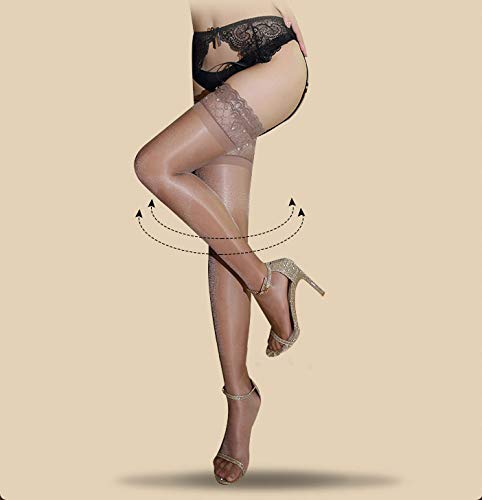 ZNL Women's Ultra Shimmery Lace Top Thigh High Sheer Stockings - Anti-Slip Silicone Band Glossy Sexy Pantyhose for Party, Date Night & Special Occasions