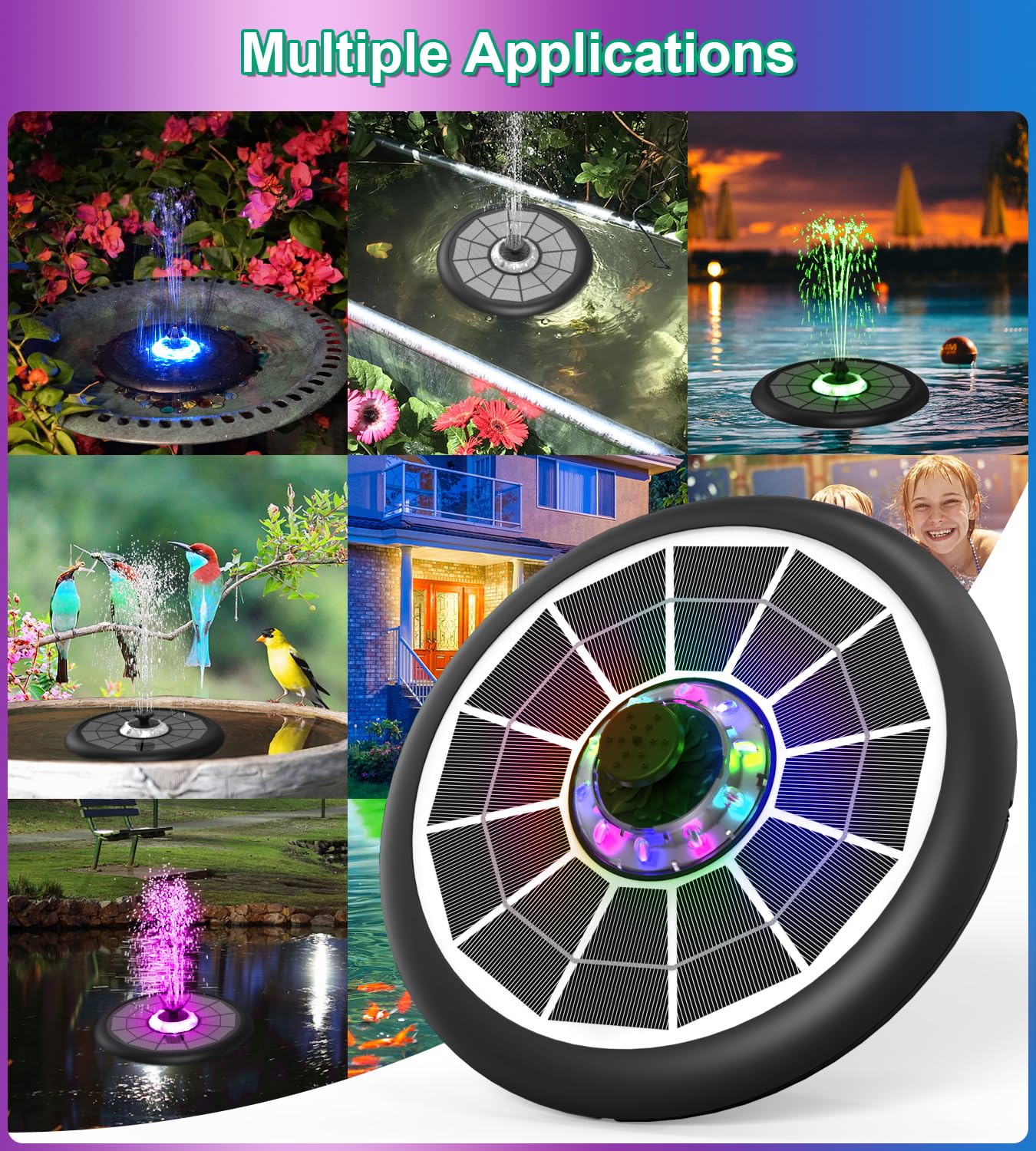 2024 Upgraded SZMP Solar Fountain Pump with 4000mAh Battery & UFO Lights - 5W Solar Powered Bird Bath Fountain with 7 Nozzles & 4 Fixers - Perfect for Garden, Pond, Pool Decor & Outdoor Water Features (Ideal for Backyard, Patio, and Bird Watching Areas)