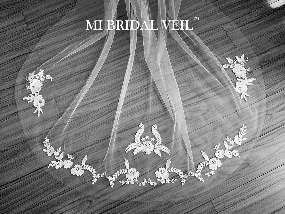 Elegant Embroidered Lace Wedding Veil - Vintage Inspired Chapel Length Bridal Veil with Lace Applique | Perfect for Romantic Weddings, Bridal Showers & Formal Occasions