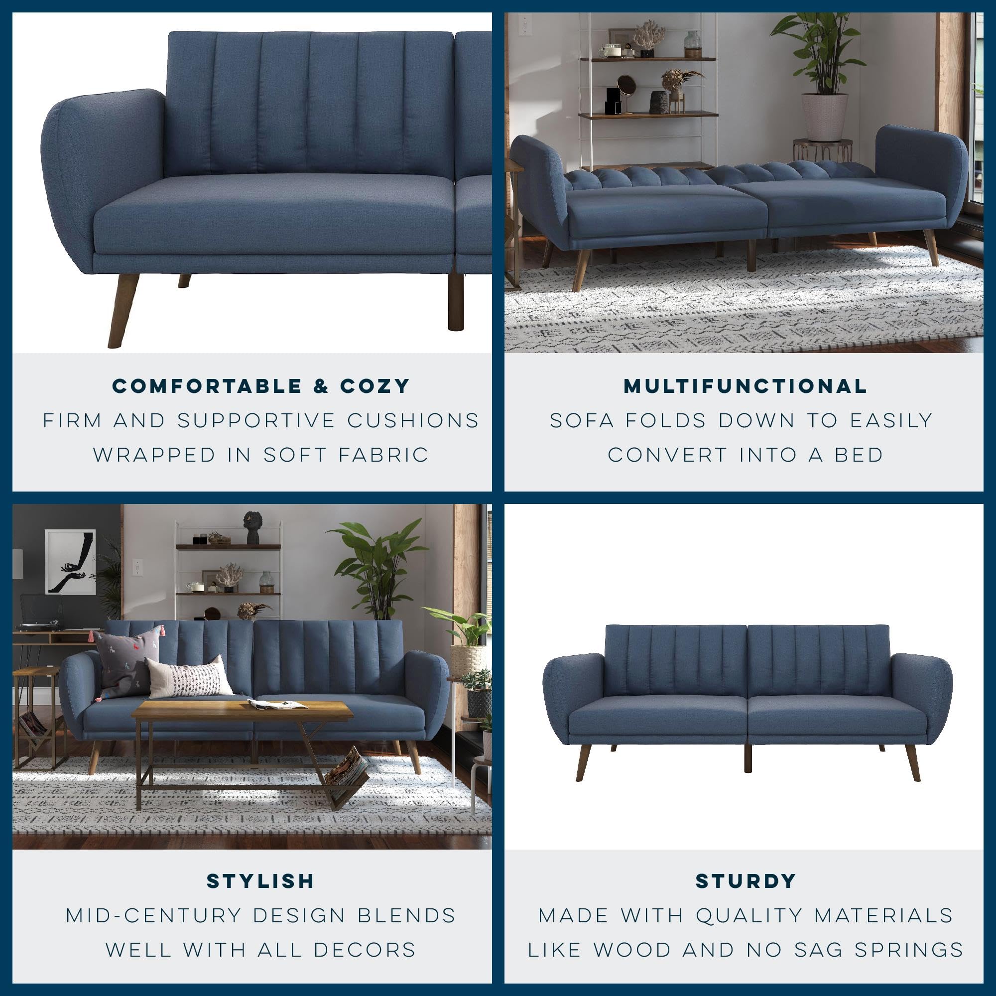 Novogratz Brittany Sofa Futon - Premium Linen Upholstery with Wooden Legs in Blue | Convertible Sleeper Sofa for Small Spaces, Living Room & Guest Room