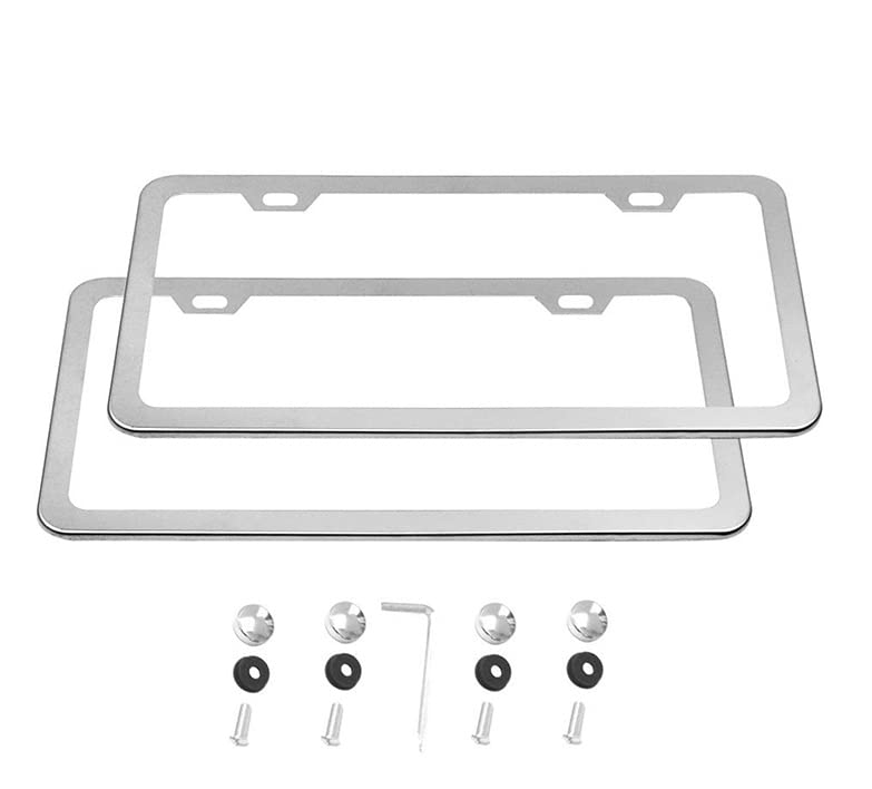 2PCs Aluminum Alloy License Plate Frames - Slim Mirror Polish for US Cars (Silver)
