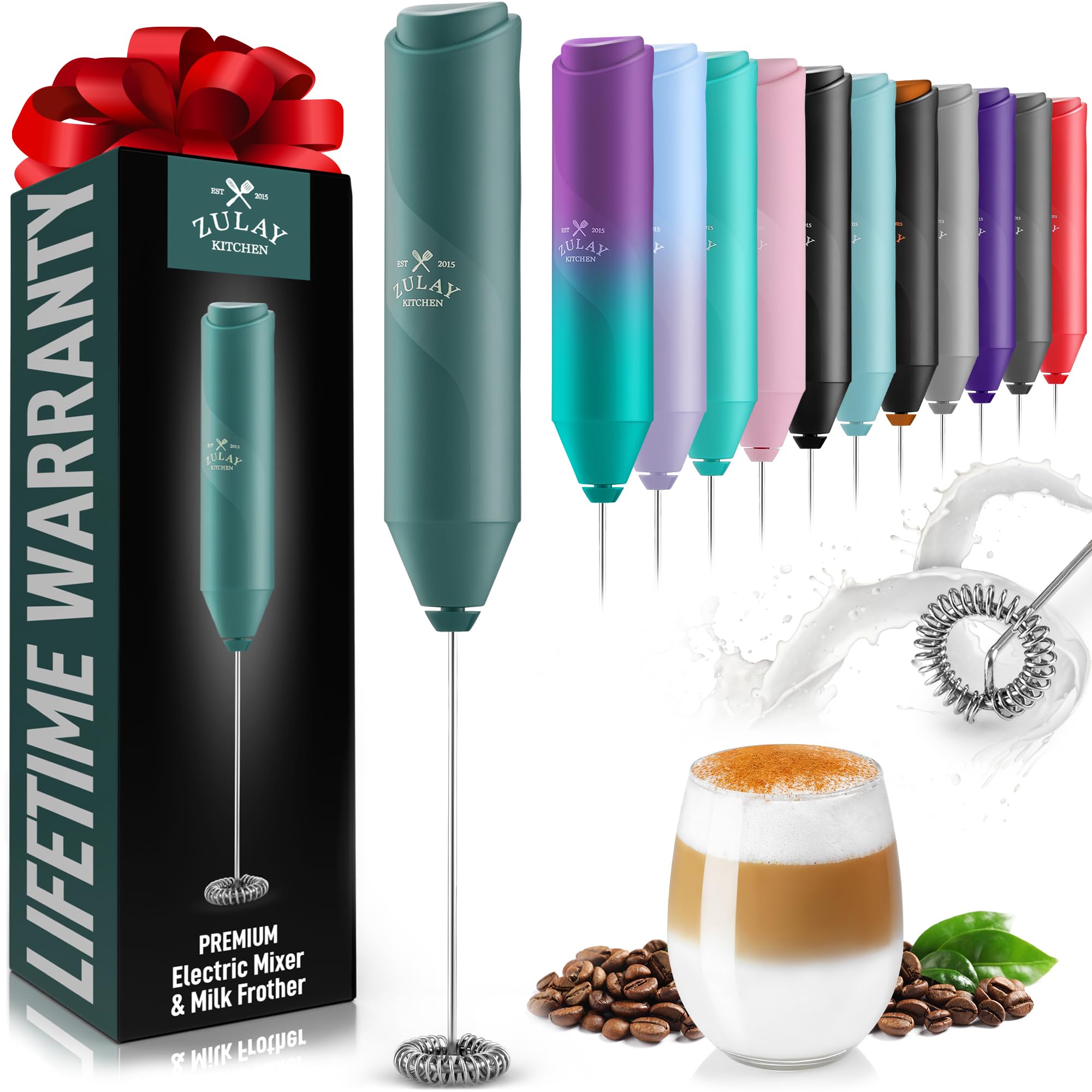 Zulay Kitchen Powerful Milk Frother Handheld - Stainless Steel Battery Operated Mini Frother for Coffee, Latte, Cappuccino, Matcha, Hot Chocolate - Perfect for Home, Office & Travel - Dark Green