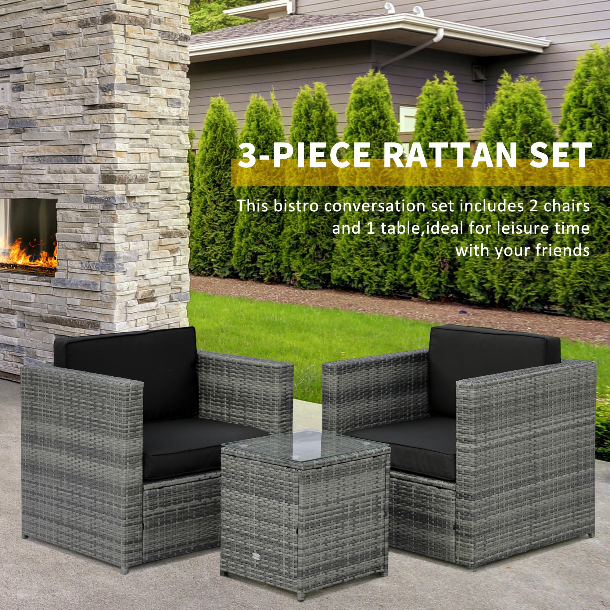 Outsunny 3-Piece Black Wicker Outdoor Bistro Set - Rattan Patio Furniture with Glass Coffee Table & Thickened Cushions - Perfect for Backyard, Balcony, Garden, Porch or Poolside Relaxation