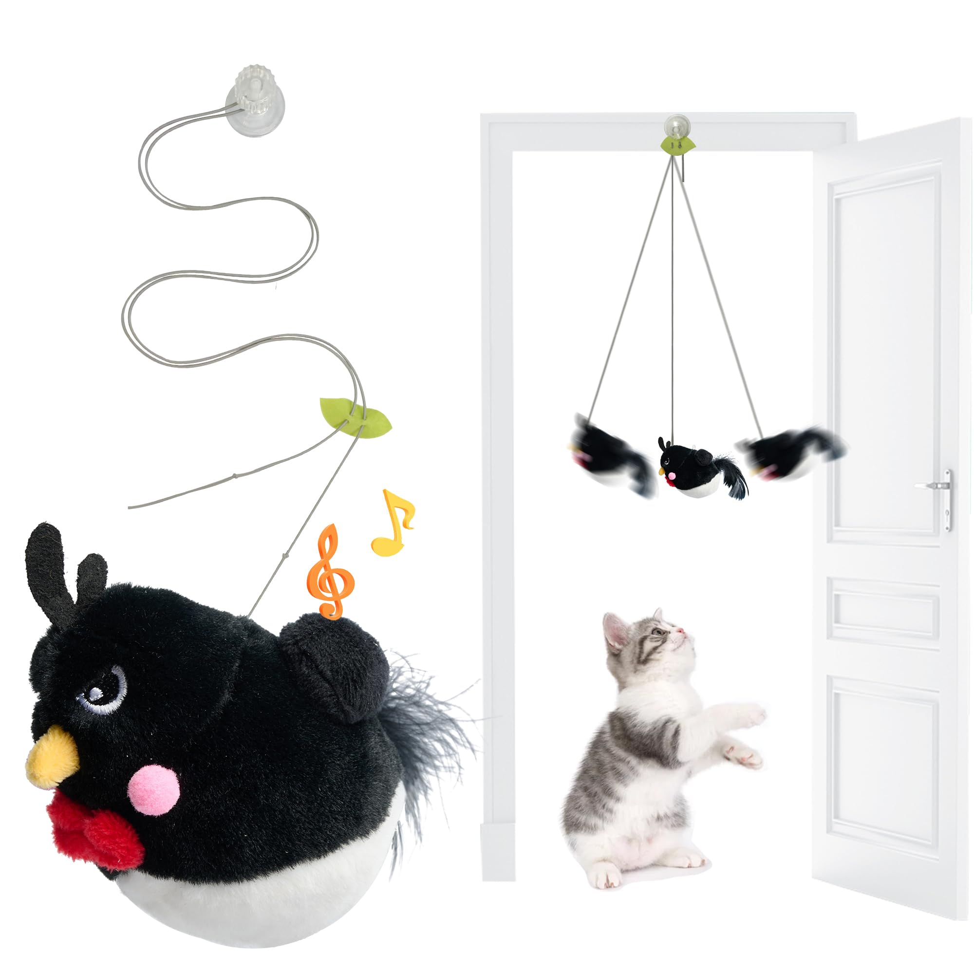 Interactive Chirping Bird Cat Toy - Hanging Retractable Teaser with Catnip for Indoor Cats - Chase Exercise & Play - Perfect for Teaser Stick & Playtime (1pc, Black)