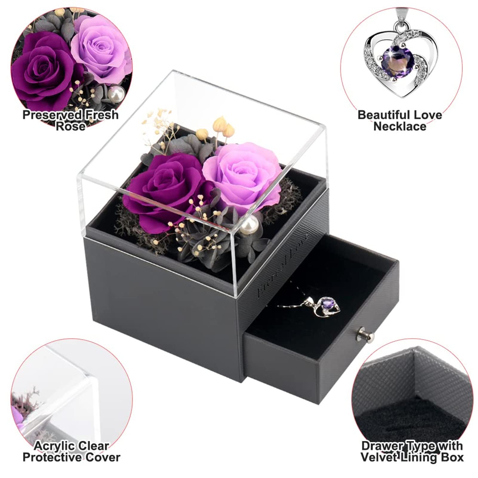 SHOKUTO Preserved Rose - Eternal Flower Jewelry Box with Necklace, Perfect Birthday Gift for Women, Mom, Girlfriend, Wife, Grandma, Daughter & Sister | Romantic Keepsake for Anniversary, Valentine's Day & Special Occasions