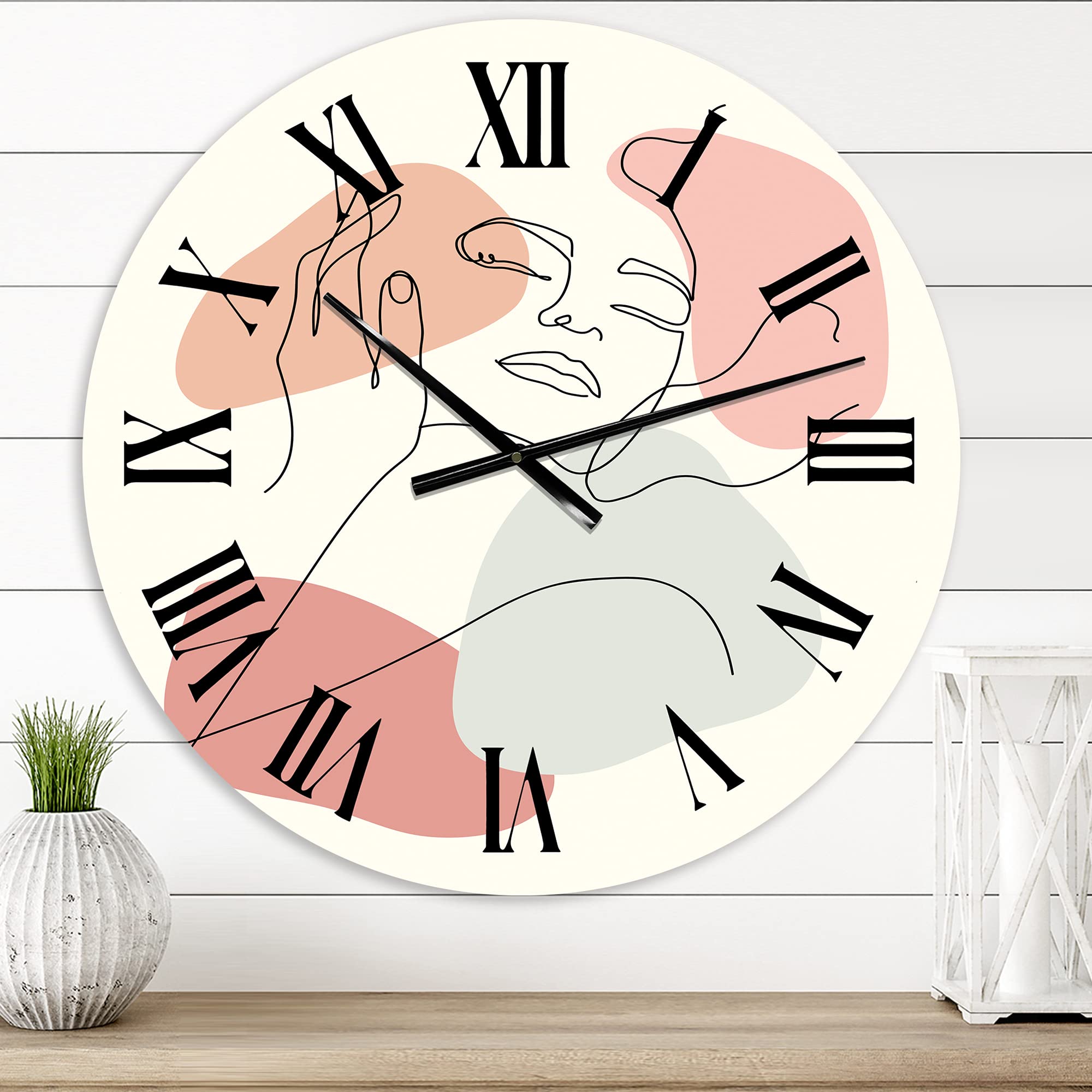DesignQ Modern Large Wall Clock - Abstract Continuous Line Portrait of Woman, Fractal Art Decor for Bedroom, Living Room & Office | Silent Non-Ticking Home Decor