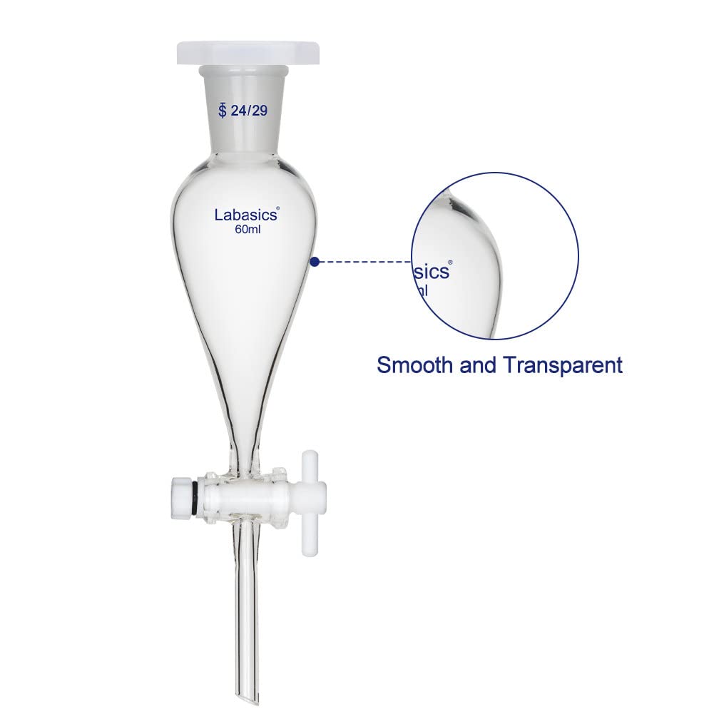 Labasics 60ml Heavy Wall Borosilicate Glass Conical Separatory Funnel with 24/29 Joints & PTFE Stopcock - Ideal for Chemical Separation, Liquid Extraction & Laboratory Experiments