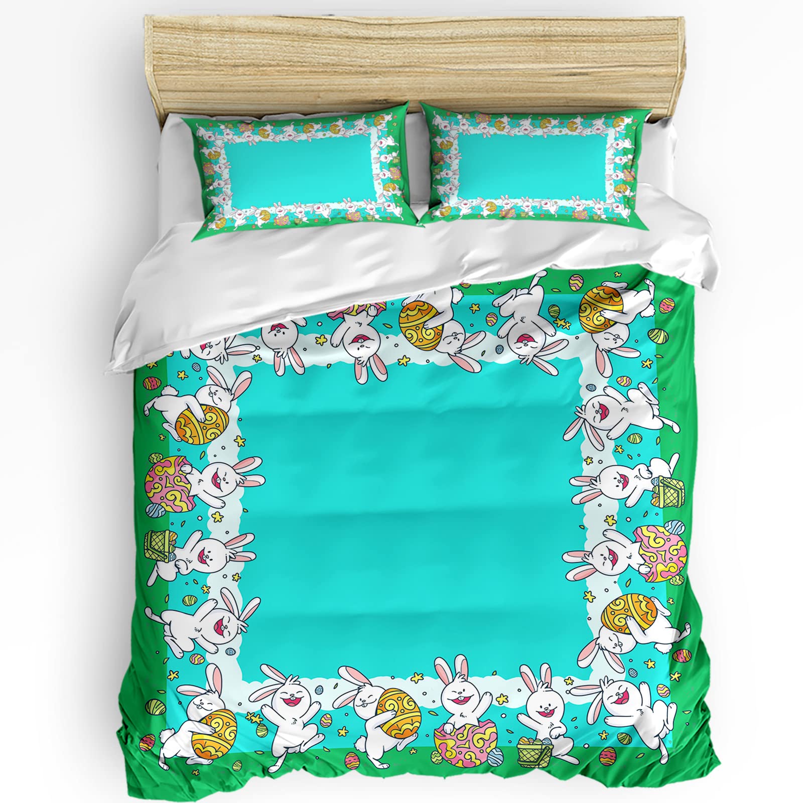 Easter Bunny Duvet Cover Set Queen Size - 3 Piece Blue Green Cartoon Egg Bedding Set for Kids & Adults - Soft Breathable Comforter Cover with 2 Pillow Shams - Perfect for Easter Decor, Kids Room & Guest Bedroom