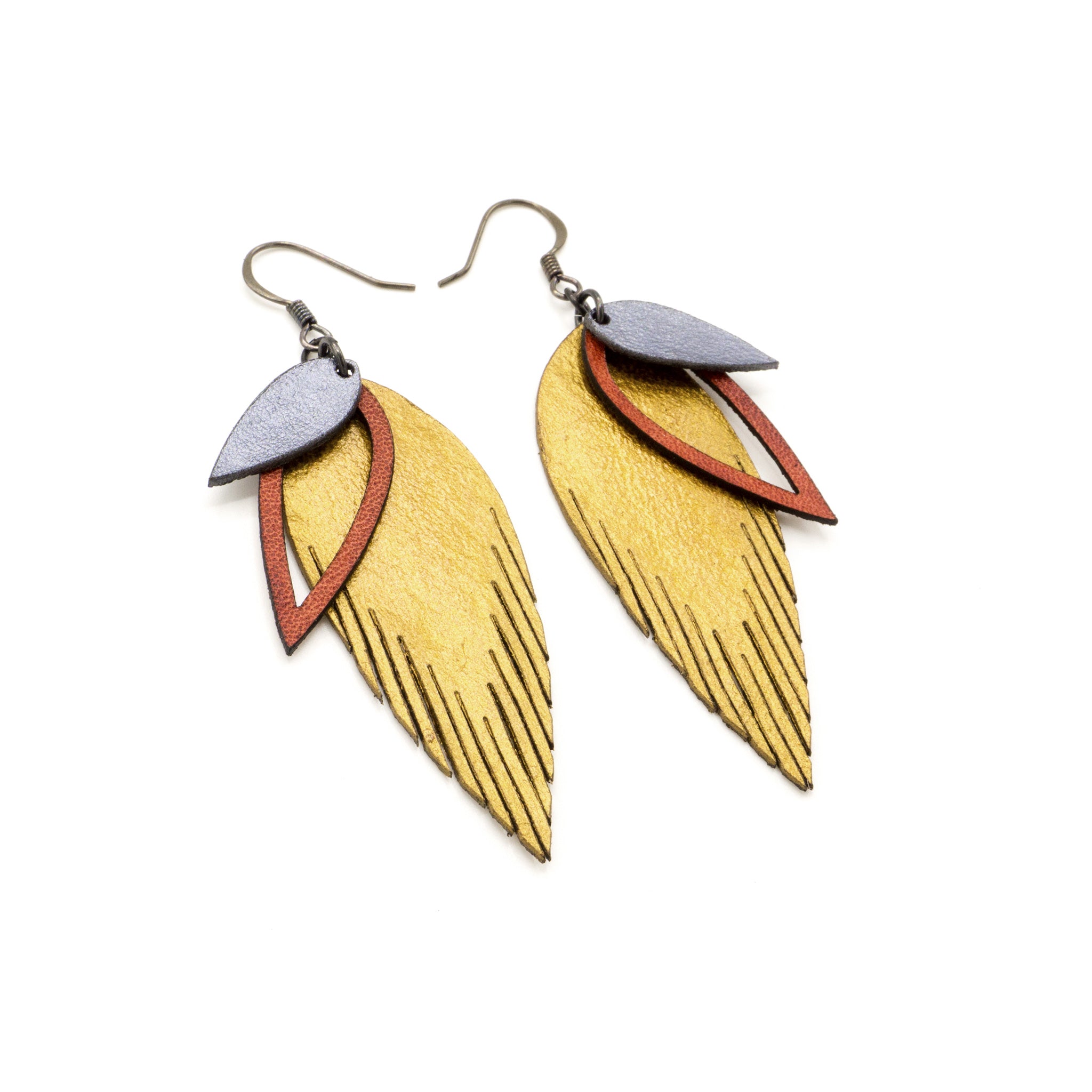 Nativas 3 Layer Leather Earrings for Women - Gold, Red, Silver Handmade Dangle Earrings | Boho Chic Jewelry for Parties, Weddings & Everyday Wear
