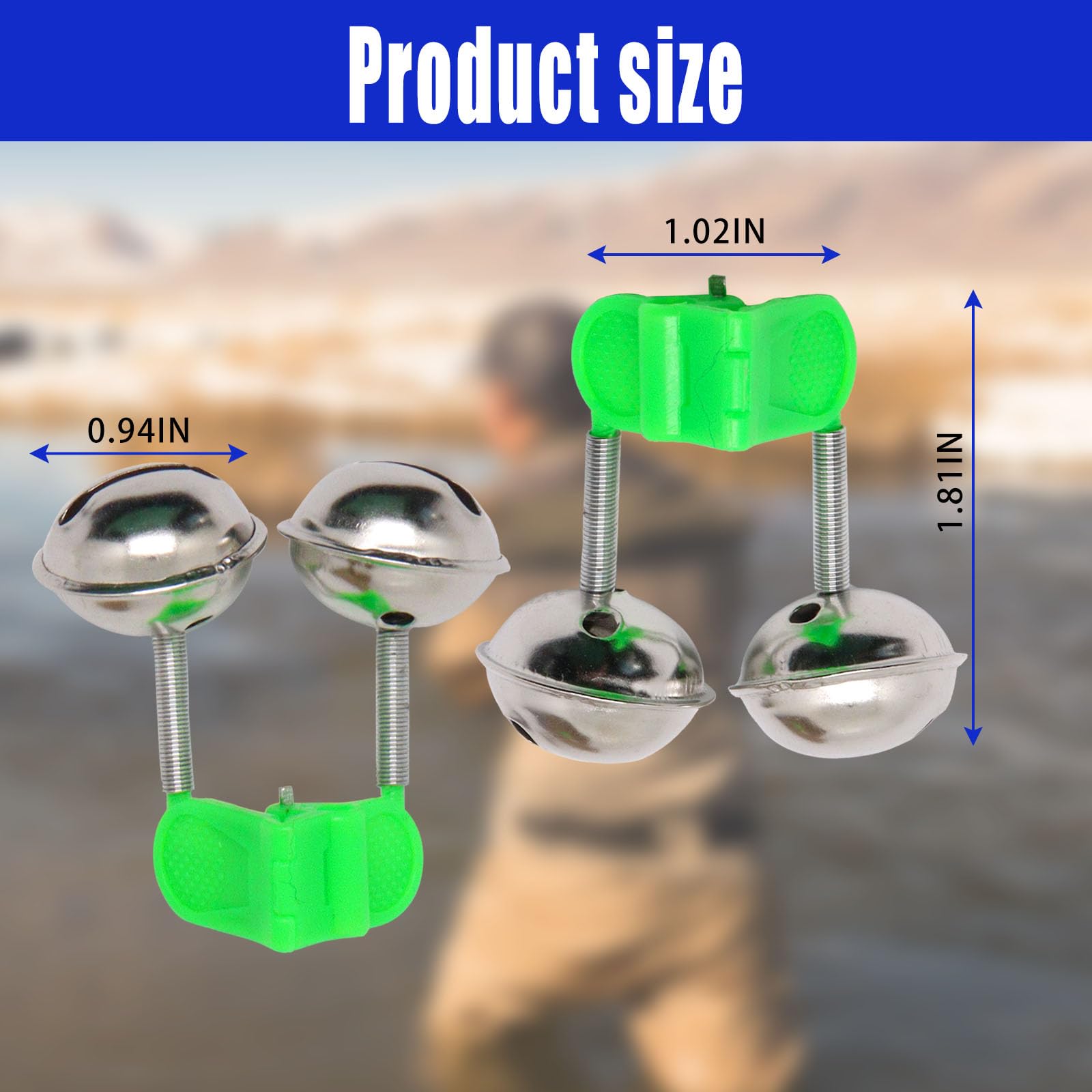 20pcs Fishing Bells with Dual Alarm - Clip on Fishing Rod Alert System for Freshwater & Saltwater Angling - Green Fishing Gear Accessories for Bass, Catfish & Trout Fishing (Great for Night Fishing & Ice Fishing)