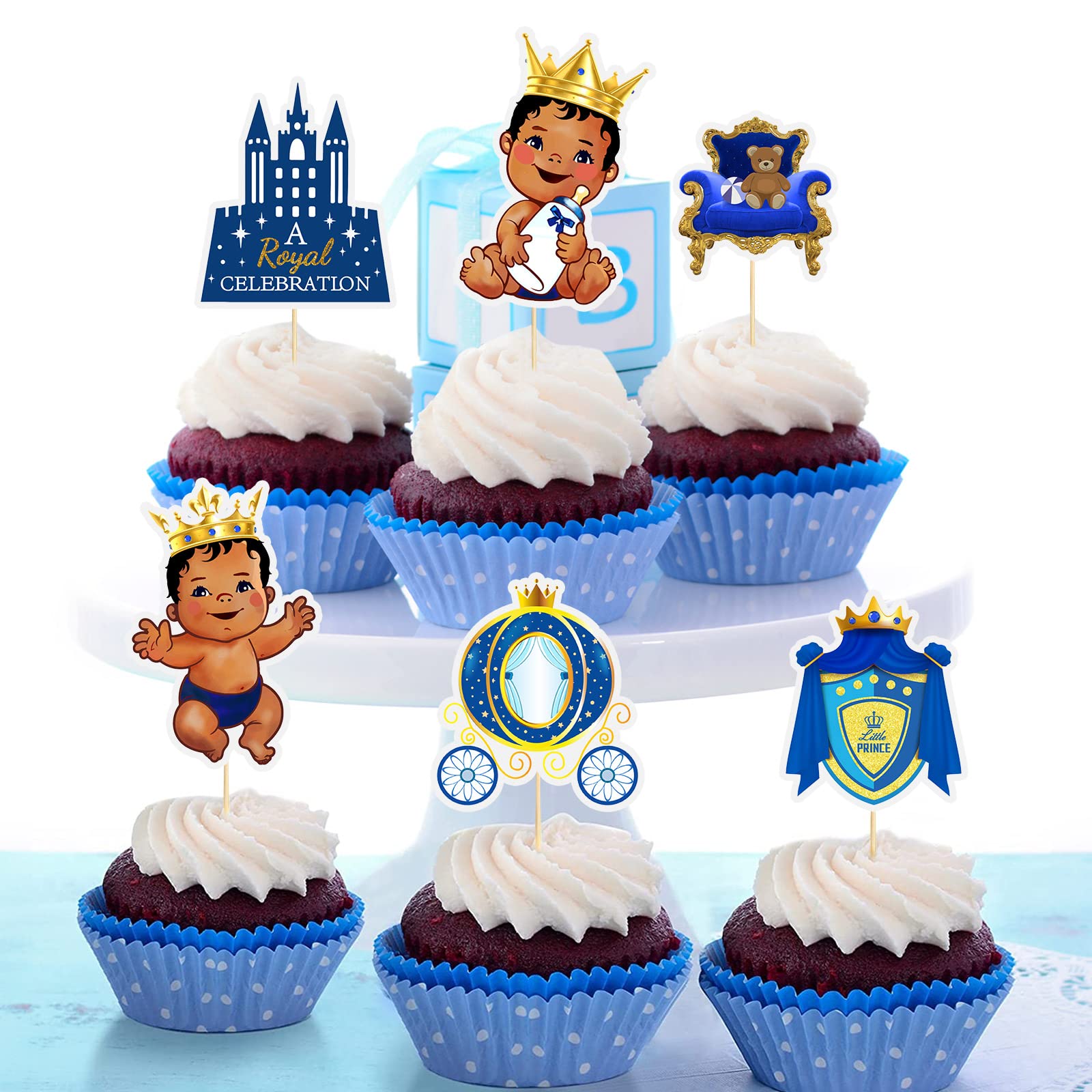 48-Piece Little Prince Cupcake Toppers - Royal Baby Shower & Birthday Party Decorations for Boys, African American Prince Theme - Perfect for Black Boys' Baby Showers, Birthdays & Cake Decorating