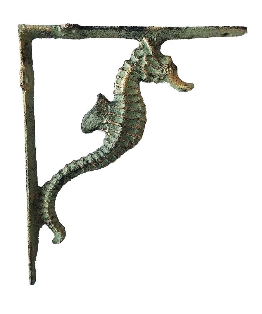 Turquoise & Gold Patina Cast Iron Decorative Seahorse Brace - Vintage Coastal Home Decor for Beach House, Bathroom, or Garden Wall