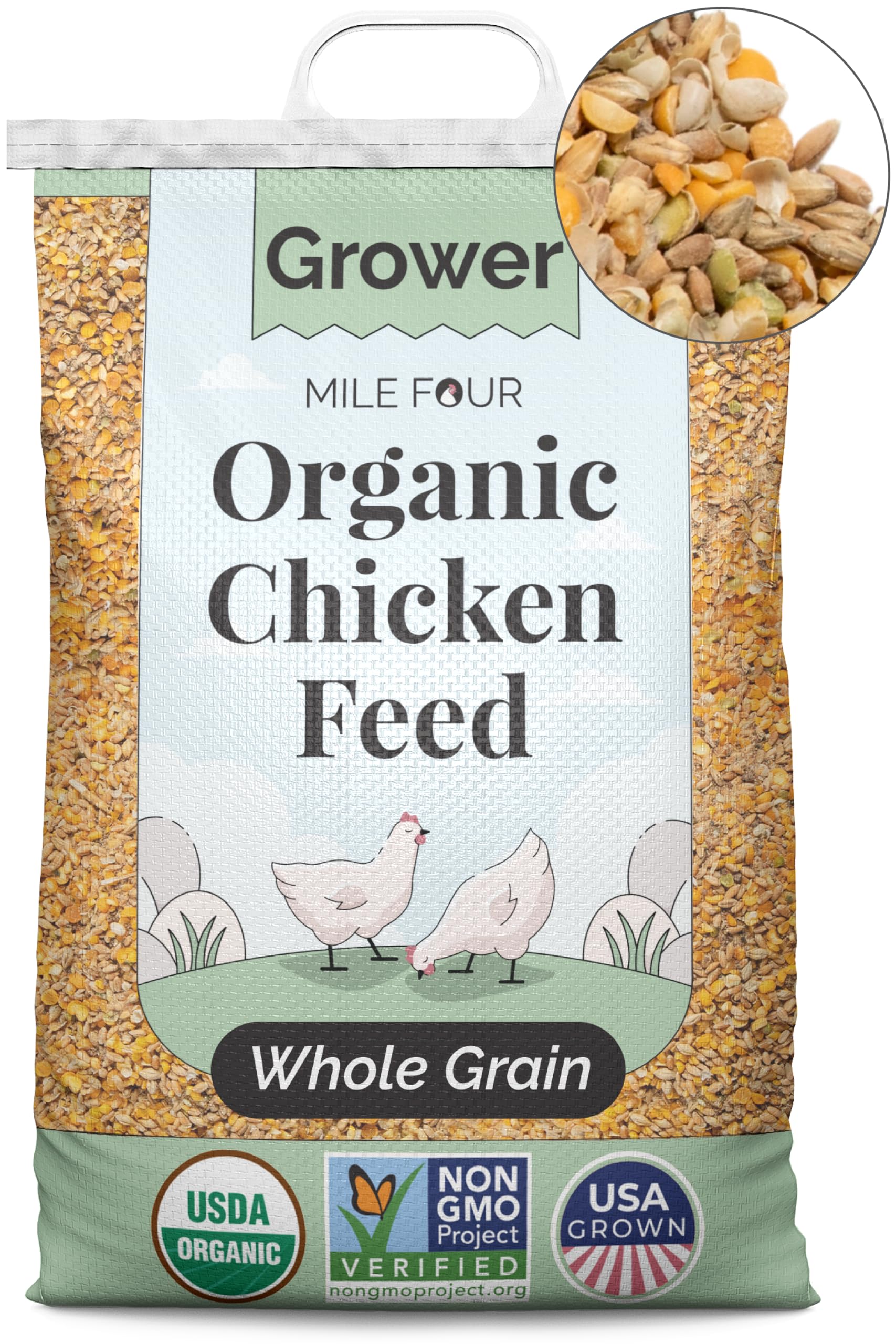Organic Chicken Feed – Non-GMO, USA Grown, Whole Grain Grower Feed with 18% Protein, Corn-Free & Soy-Free, Non-Medicated Poultry Feed (46 lbs) – Perfect for Raising Healthy Backyard Chickens and Organic Egg Production
