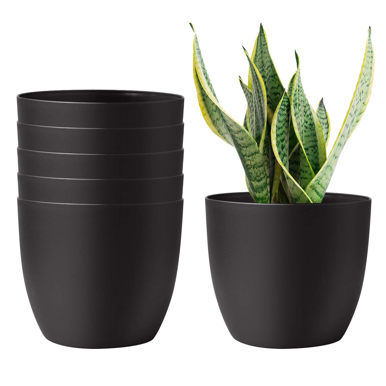 6 Inch Self Watering Planters - Set of 6 Modern Decorative Plastic Flower Pots for Indoor Plants, Herbs, Succulents & African Violets | Window Box Planter for Home, Office & Garden Decor (Black)