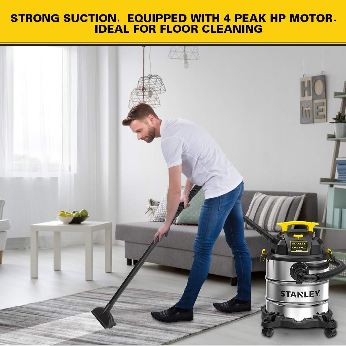 STANLEY 6 Gallon Wet Dry Vacuum Cleaner - 4 Peak HP Stainless Steel 3-in-1 Shop Vac with Blower Function | Powerful Multi-Purpose Vac for Home, Garage, Workshop, Jobsite, Basement Cleaning | Ideal for DIY Projects, Construction Debris, Liquid Spills, and Heavy Duty Cleaning Tasks (Model SL18116)