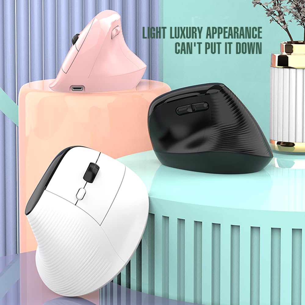 Wireless Vertical Ergonomic Mouse - USB-C Rechargeable 4000DPI Silent Mouse for Carpal Tunnel Relief - Pink Ergonomic Computer Mouse for Office Work, Gaming & Home Use