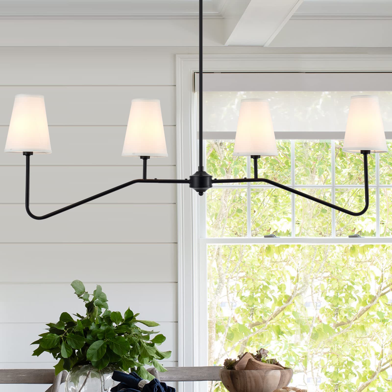 VILUXY Classic Linear Chandelier - 4-Light Modern Pendant Lighting for Kitchen Island, Dining Room & Living Room | Off-White Fabric Shade | Indoor Restaurant Lighting | Perfect for Contemporary Homes & Commercial Spaces
