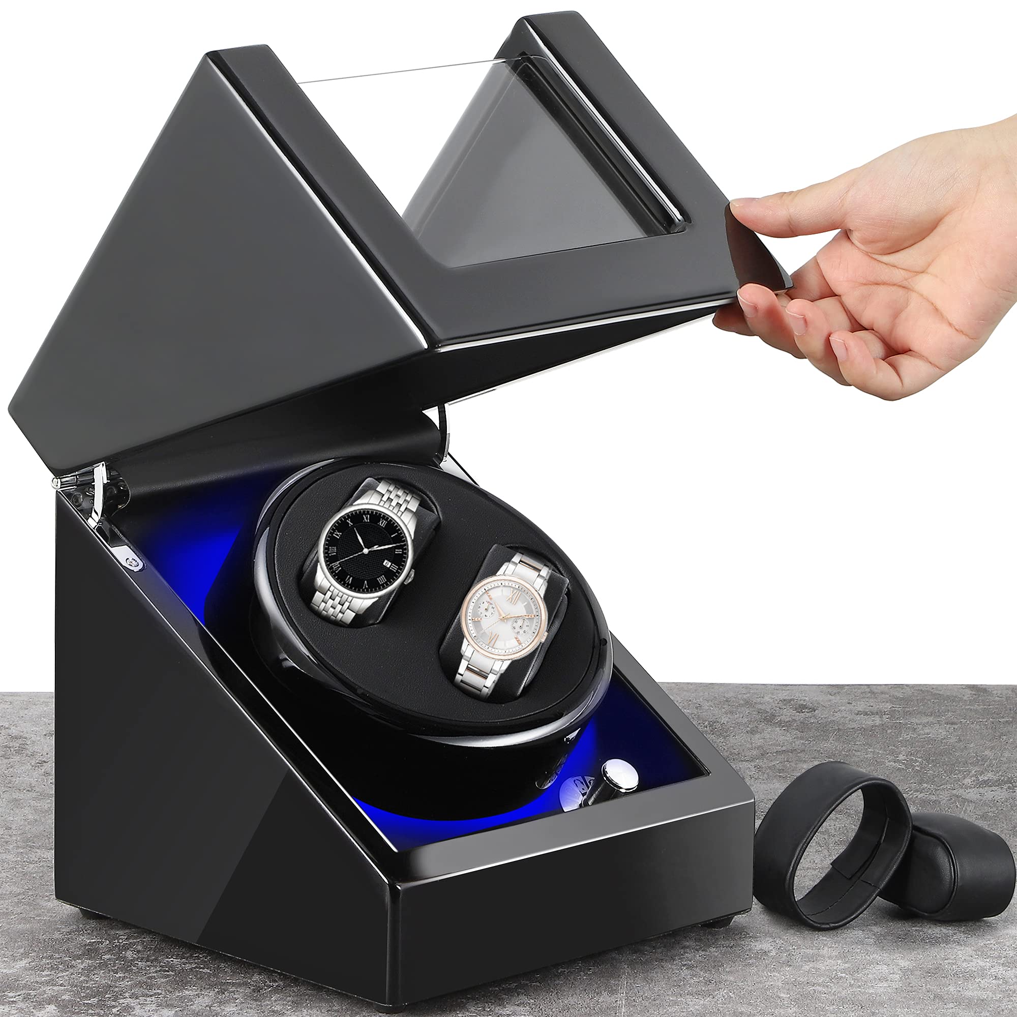Premium Automatic Watch Winder Box - Dual Watch Display Case with Silent Motor & Blue LED Light - Battery & AC Powered - Perfect Watch Storage & Display Gift for Men & Women (Black) - Ideal for Watch Collections, Travel & Luxury Home Decor