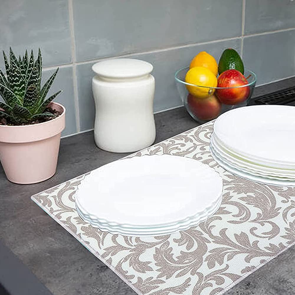 Absorbent Dish Drying Mat - Machine Washable Kitchen Counter Mat (Grey Vine) for Drying Dishes & Utensils