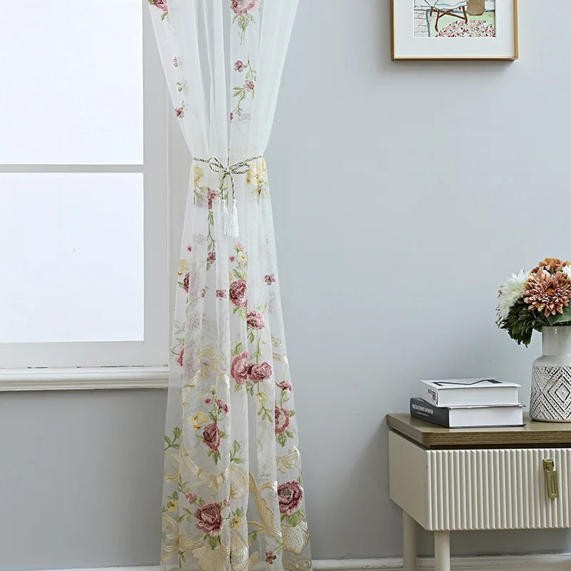 Luxury Pink Floral Embroidered Sheer Curtains - White - Elegant Window Drapes for Living Room, Bedroom & Home Decor