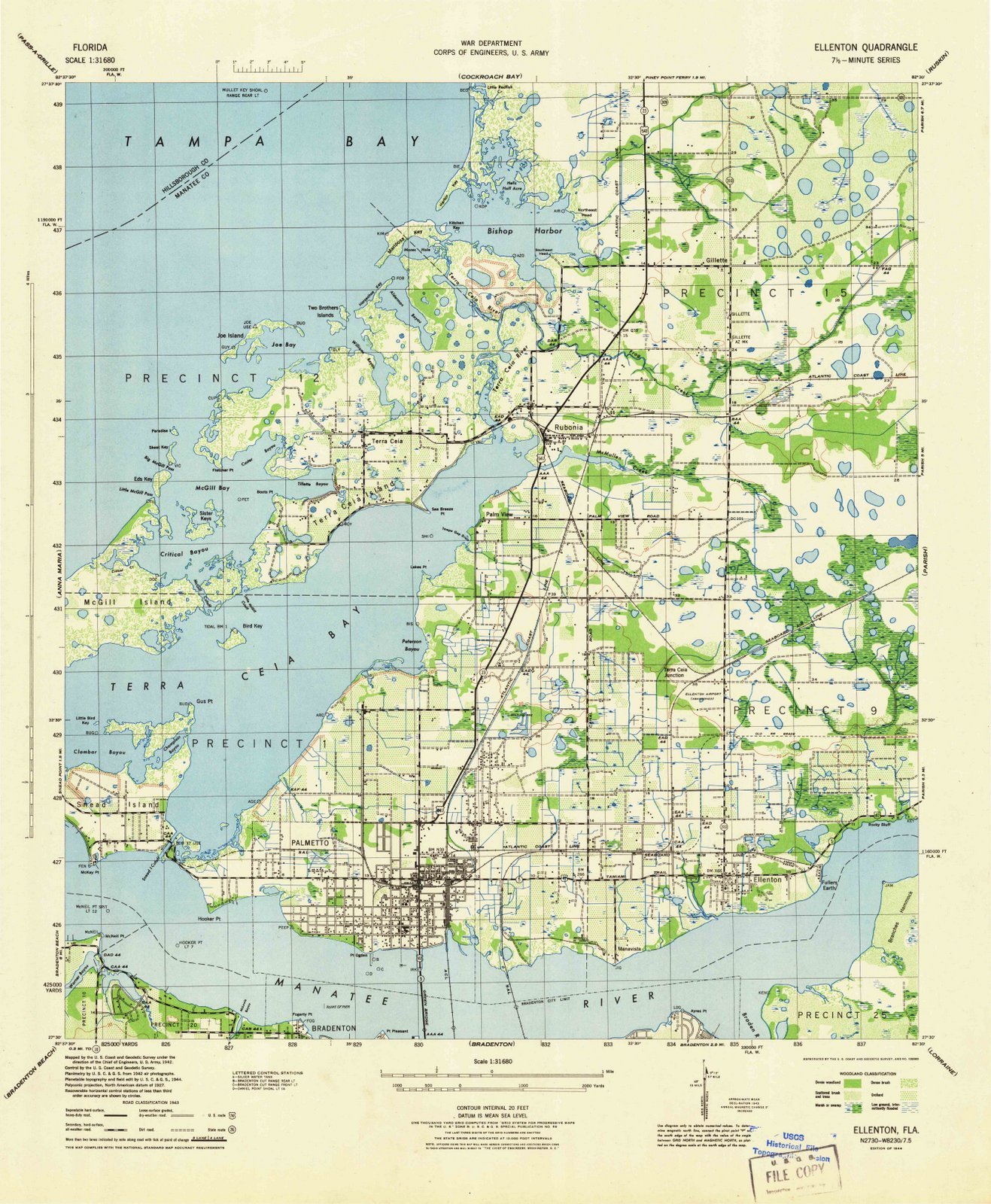 1944 Ellenton, FL Historical Topographic Map - Vintage USGS Wall Art - 35