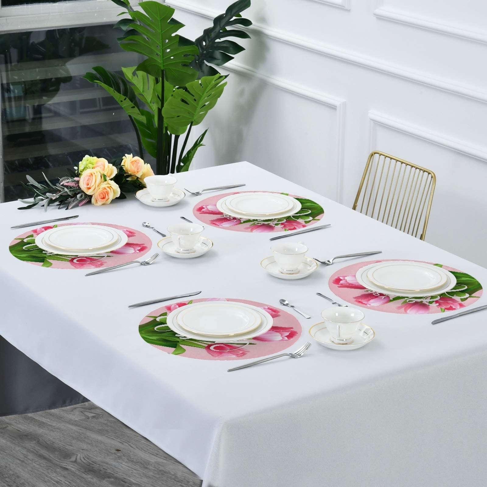 Mother's Day Blooming Tulip Flowers Round Placemats Set of 6 - Washable & Heat Insulation Non-Slip Kitchen Dining Table Mats for Home Decor, Party, Holiday Dinner