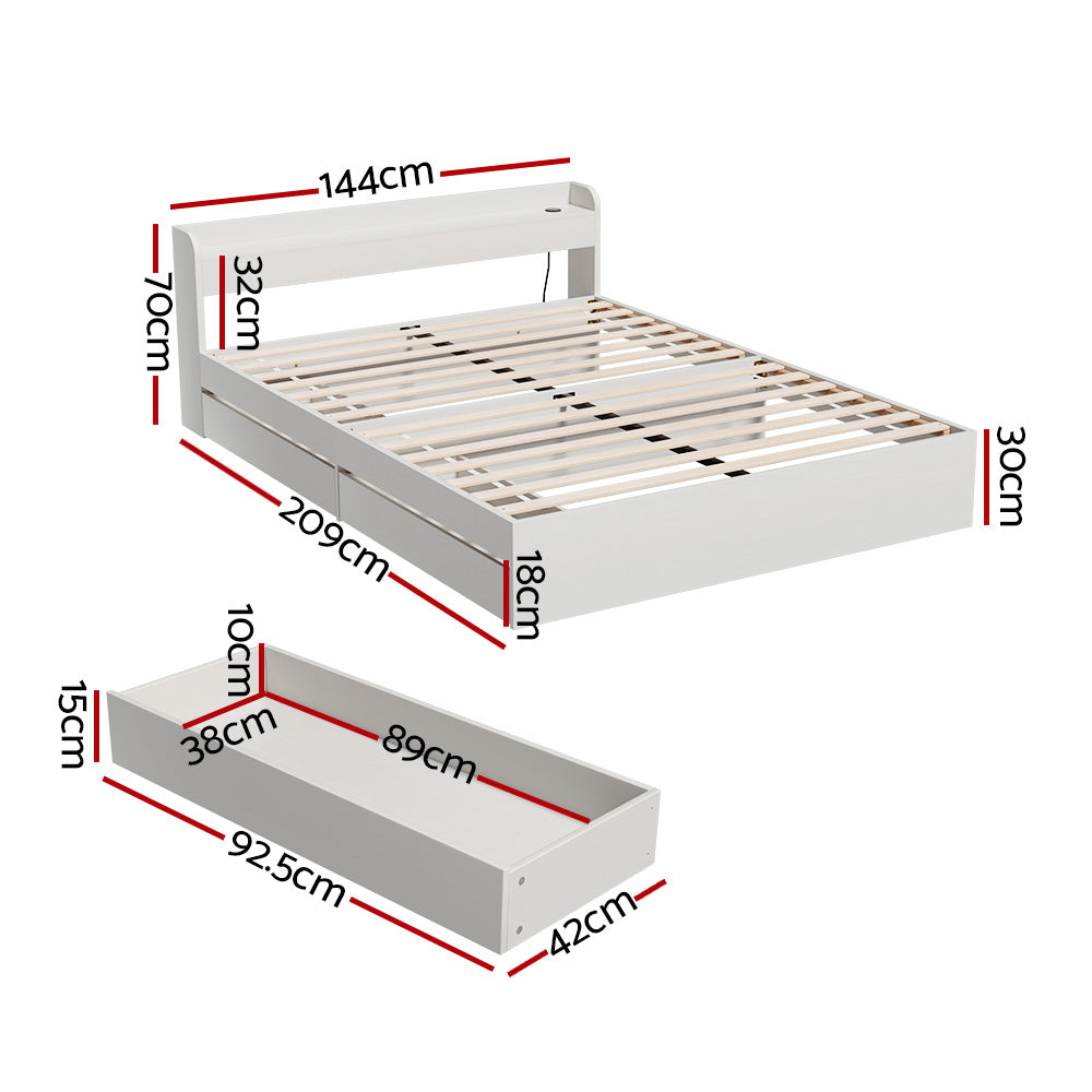 Aura Queen Bed Frame with 2 Storage Drawers & Bonita Pillow Top Mattress - Medium Firm Support - White Finish - Space Saving Bedroom Solution for Small Apartments and Guest Rooms