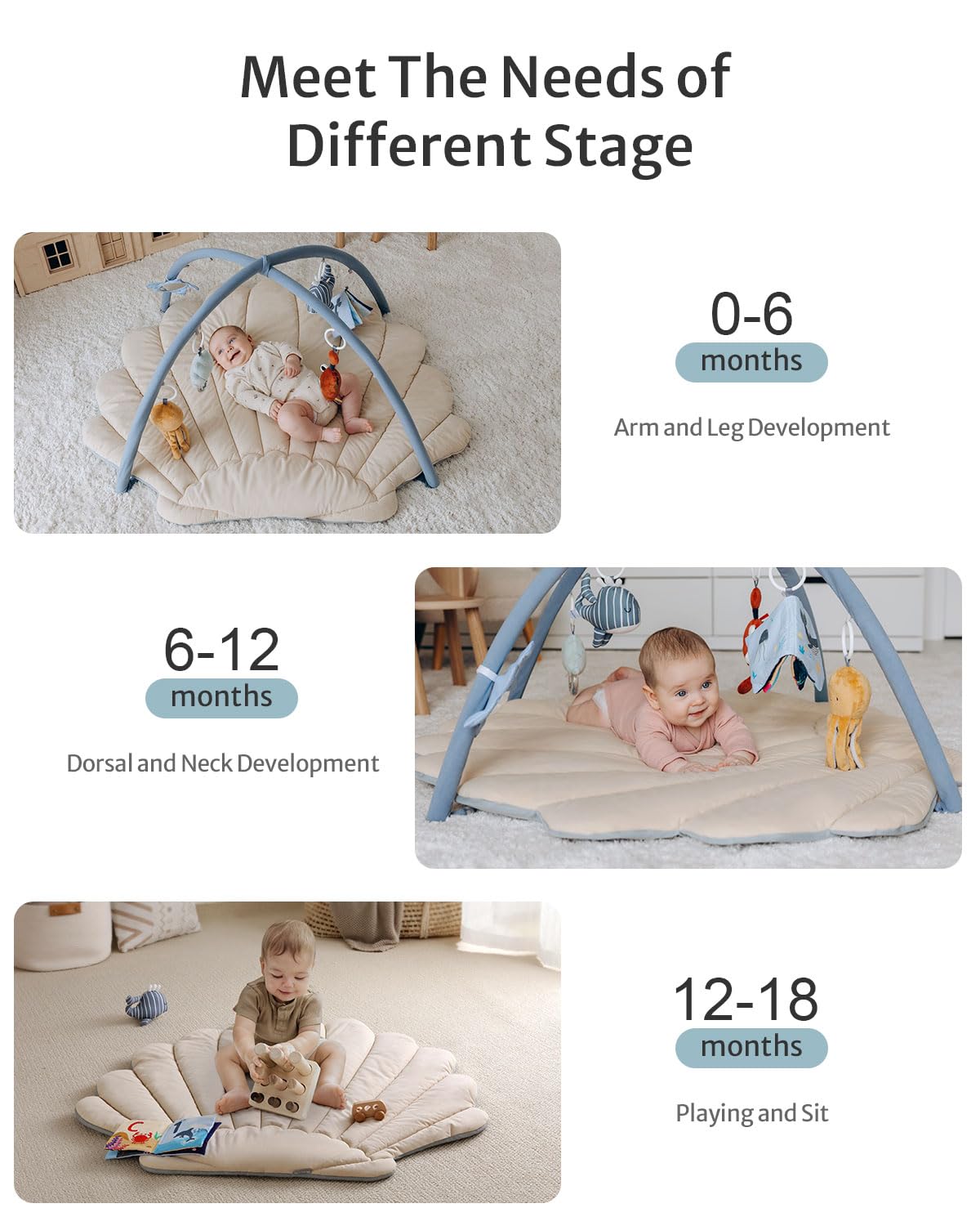 Blissful Diary Shell Baby Play Gym Mat - Extra Soft & Large Tummy Time Activity Mat with 6 Detachable Toys for Sensory & Motor Skill Development | Newborn Essentials Gift | Boho Ocean Theme | Perfect for Nursery Playtime & Baby Shower Gifts