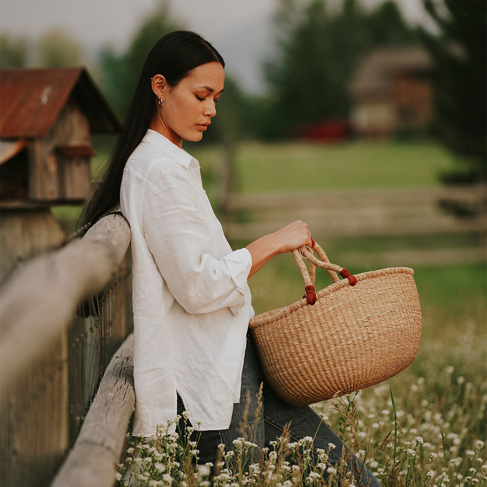 Handwoven Bolga Basket with Brown Leather Handle - Perfect for Home Decor, Storage & Picnic Accessories