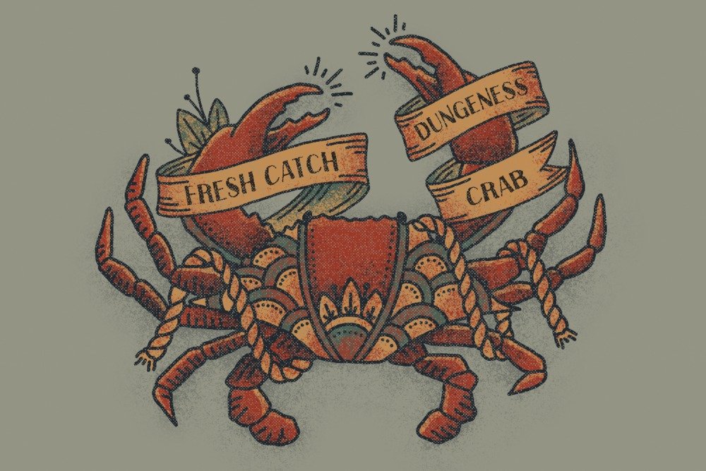 Dungeness Crab Tattoo Design - 16x24 Inch Gallery Quality Metal Wall Art, Aluminum Home Decor for Kitchen, Living Room, or Beach House