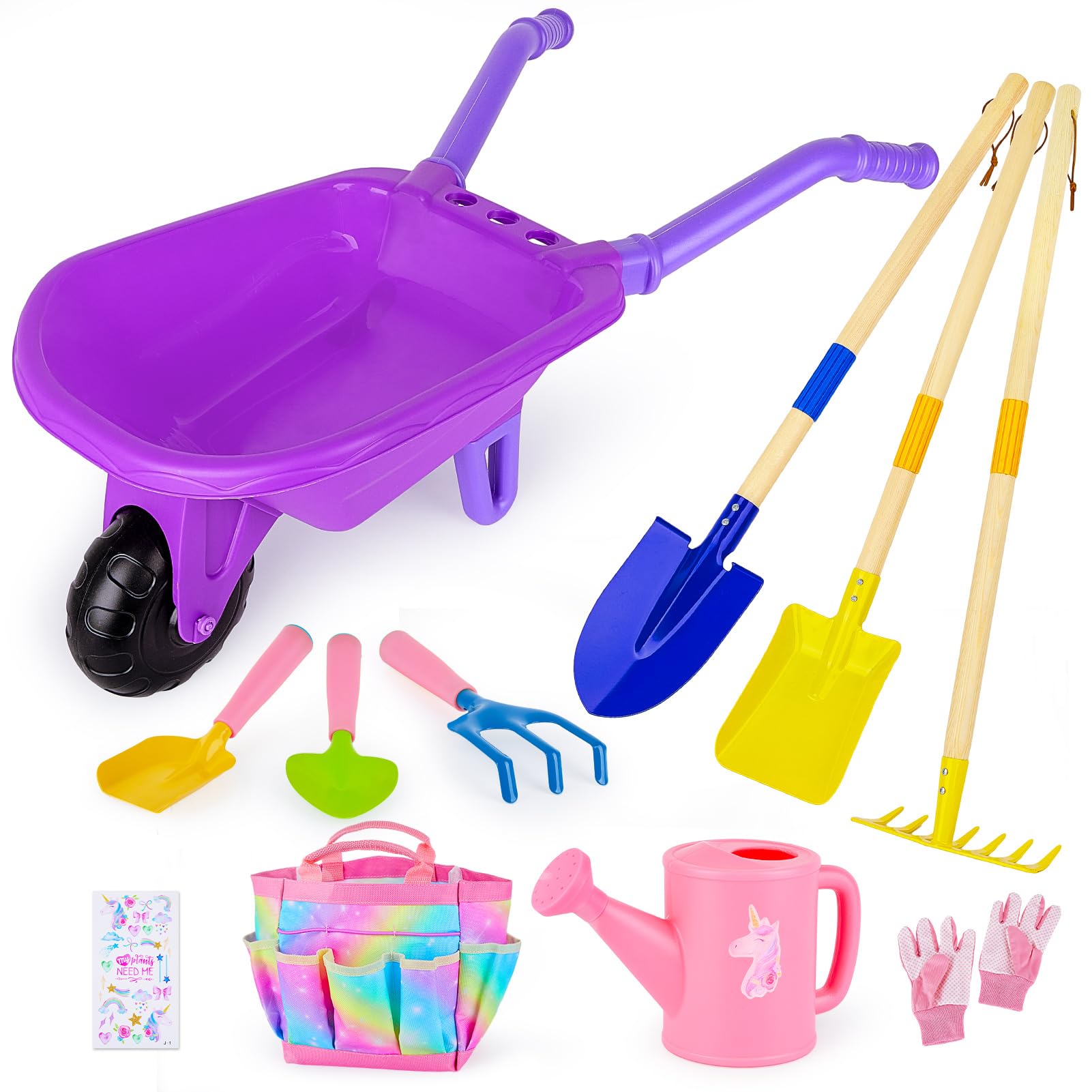 **Kids Gardening Tools Set - Outdoor Pretend Play Toys with Wheelbarrow, Shovels, Rakes, Watering Can, Gloves & Tote Bag - Educational DIY Sticker for Toddlers, Boys & Girls - Perfect for Beach, Sandbox & Garden Play**