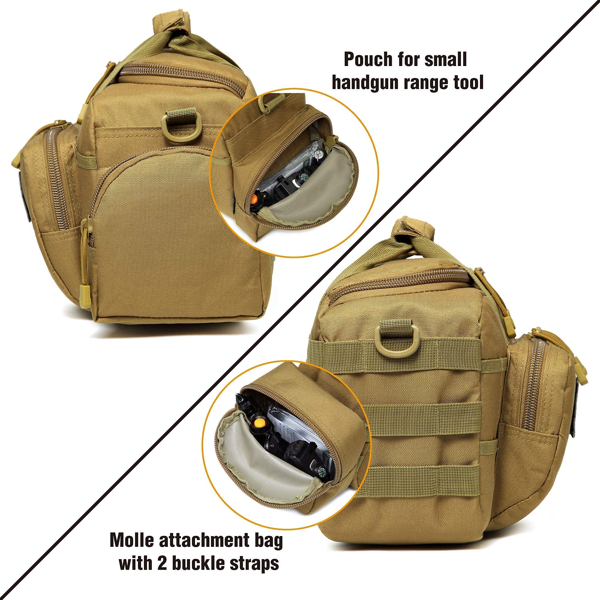 Small Tactical Range Bag for 2 Pistols & Concealed Carry Sling Bag (Tan) - Lockable Zippers, Durable Nylon, Compact Design - Perfect for Shooting Range, Outdoor Training & CCW