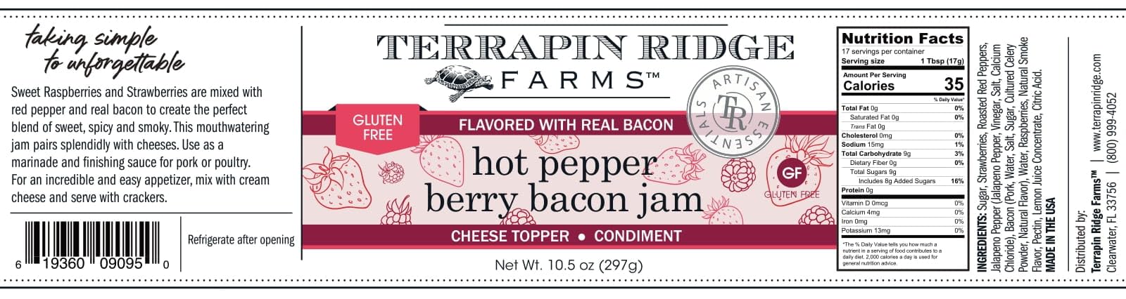 Terrapin Ridge Farms Hot Pepper Berry Bacon Jam - 3 Pack (10.5 oz Each) | Gourmet Spread for Burgers, Charcuterie Boards & Breakfast Toast | Sweet & Spicy Glaze for Meats & Appetizers