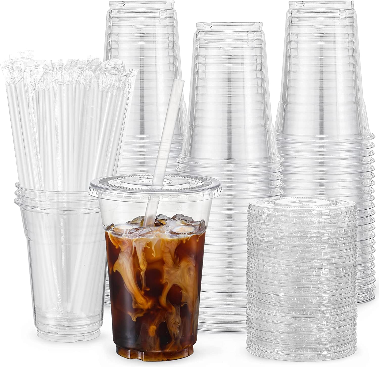 VITEVER 100-Pack 12oz Clear Plastic Cups with Lids and Straws - Disposable Drinkware for Iced Coffee, Smoothies, Milkshakes & Cold Beverages - Perfect for Parties, Picnics, BBQs & Takeout Drinks