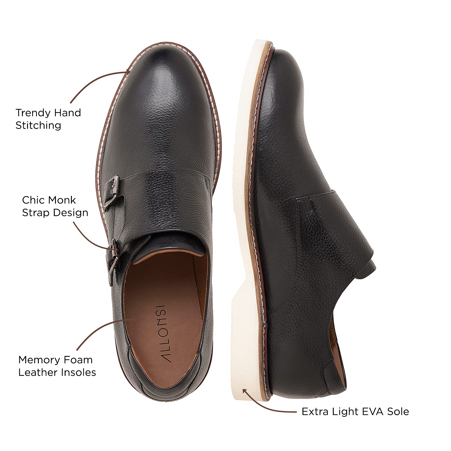 Genuine Leather Suede Dress Shoes for Men - Luxury Handcrafted Monk Strap Casual Shoes with Lightweight EVA Sole & Plain Toe Design | Perfect for Business, Weddings & Formal Occasions