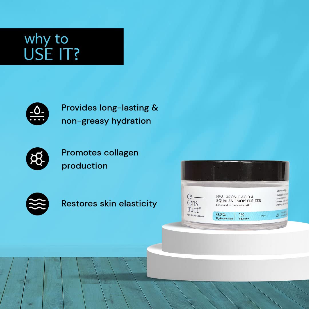 Deconstruct Hyaluronic Acid & Squalane Moisturizer - 0.2% Hyaluronic Acid & 1% Squalane - Lightweight Face Cream for Normal Skin - Long-Lasting Hydration Without Greasiness - 50g - Perfect for Daily Skincare Routine & Dry Skin Relief