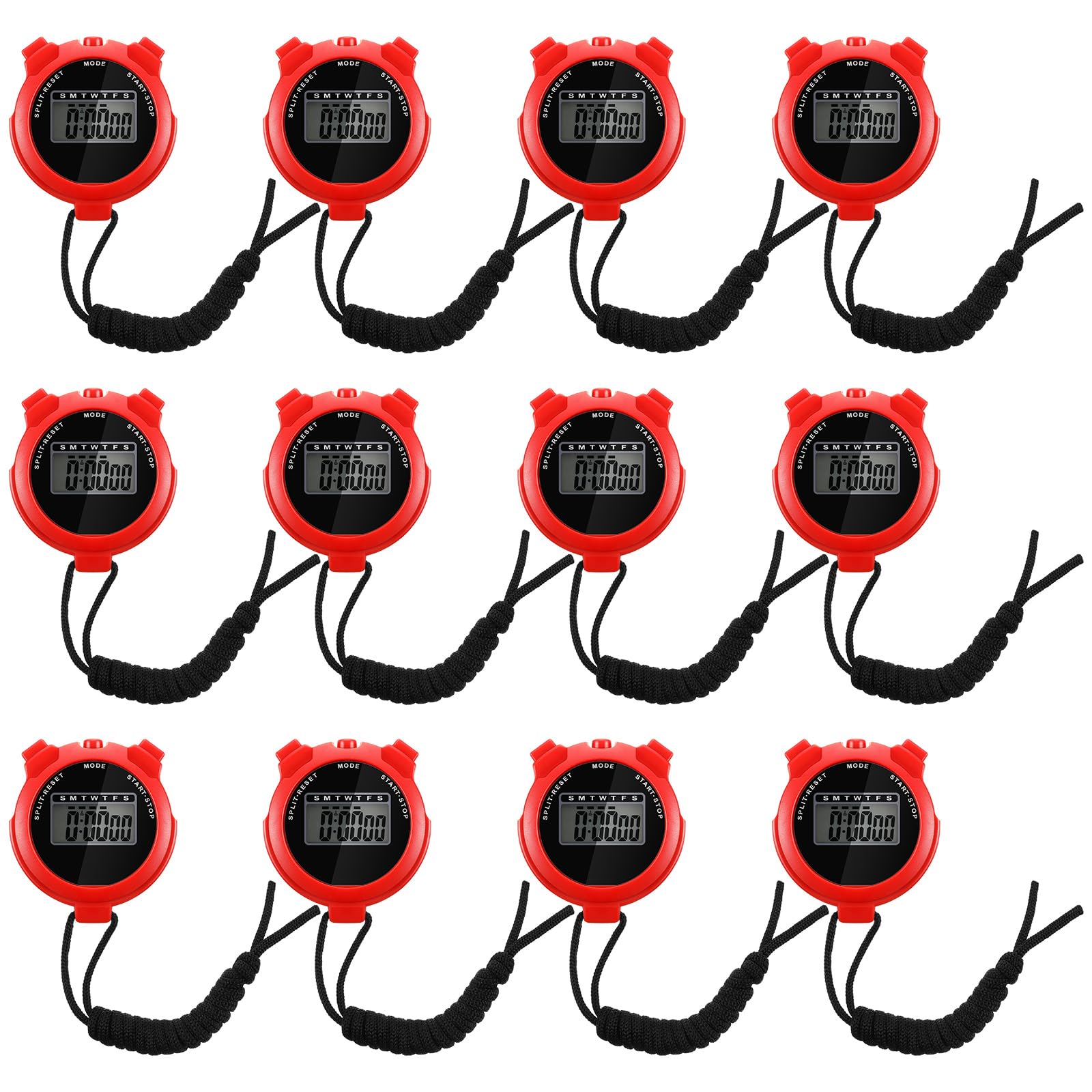 12 Pack Multi-Function Digital Stopwatch with Lanyard - Waterproof Shockproof Gym Timer with Date, Time & Alarm - Ideal for Coaches, Referees, Swimming, Running, Fitness Training & Sports Events
