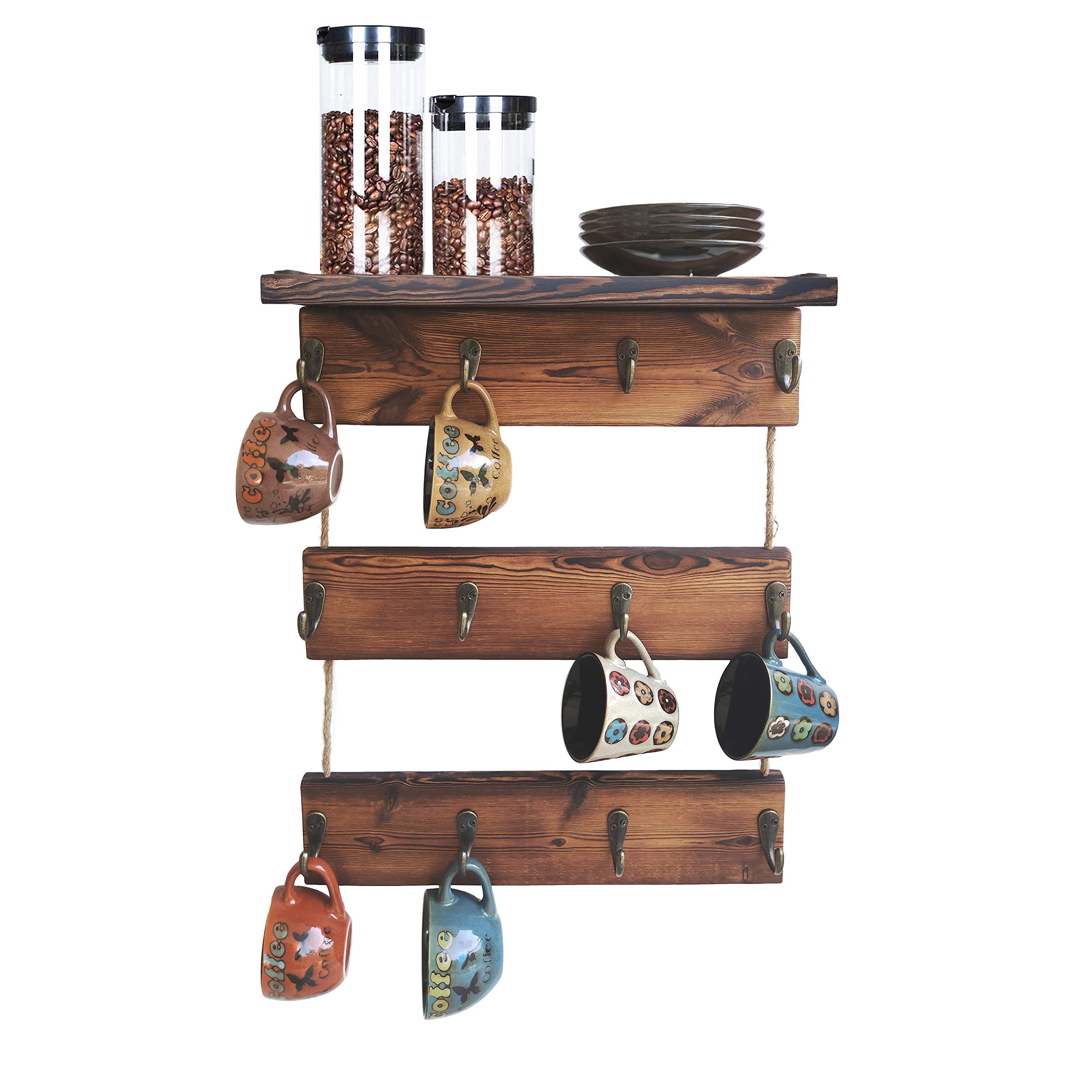 12 Hooks Solid Wood Coffee Cup Holder with Shelf - Rustic Mug Rack for Kitchen, Coffee Bar & Farmhouse Decor - Perfect for Organizing Mugs, Spices & Displaying Decor in Home, Cafe or Office