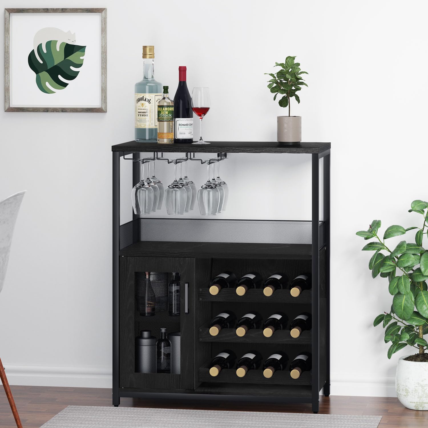 GAOMON Wine Bar Cabinet with Storage - Farmhouse Coffee Bar Cabinet with Detachable Rack, Drawer & Glass Holder - Rustic Buffet Sideboard with Mesh Door (Black) - Perfect for Dining Room, Kitchen or Home Bar Organization