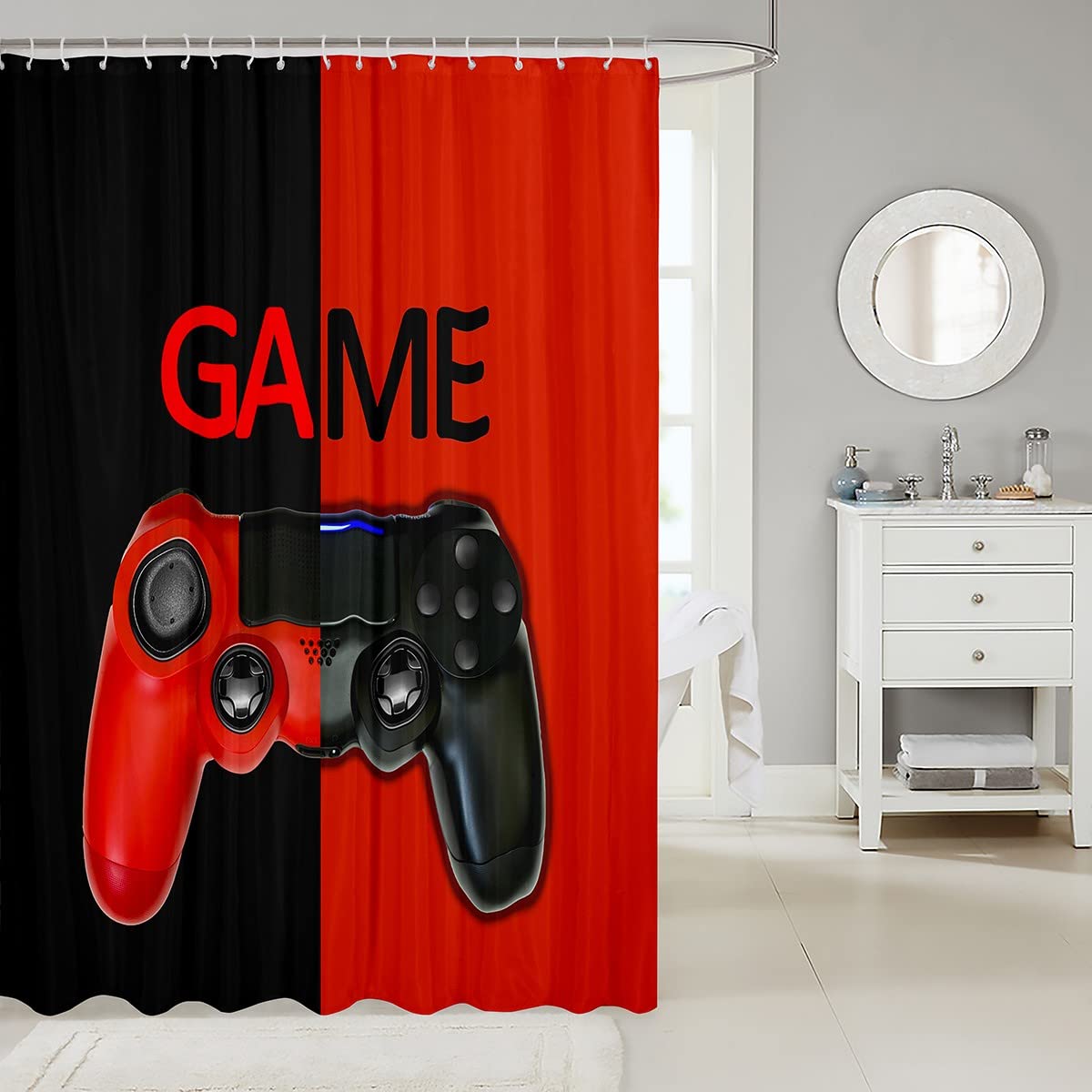 Boys Gamer Shower Curtain - Waterproof Video Game Design Bathroom Decor for Kids & Teens - 72x72 Inch Red & Black Fabric with 12 Hooks - Perfect for Gaming Themed Bathrooms & Teen Bedrooms