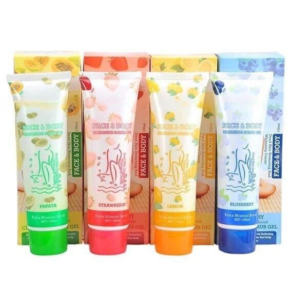 KNYUC MART Exfoliating Face & Body Scrub Gel - Strawberry, Papaya, Lemon, Blueberry for Dead Skin Removal & Deep Cleansing (Random Flavor) | Perfect for Spa Day, Pre-Shave Prep & Post-Workout Refresh