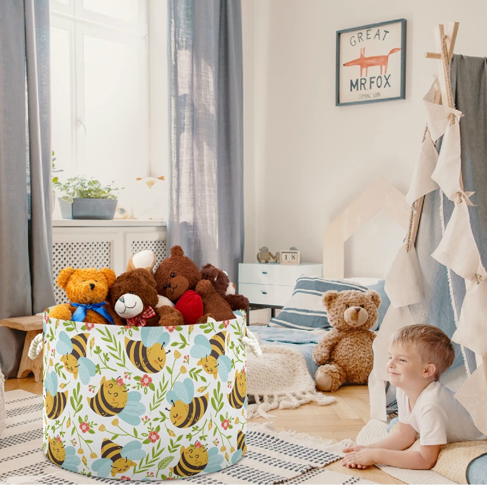 **Honey Bee Kids Seamless Pattern Cute Bumblebee Laundry Basket - Collapsible Fabric Storage Bin for Toys, Clothes & Organizing - Perfect for Nursery, Bedroom, Bathroom, Closet & Office**