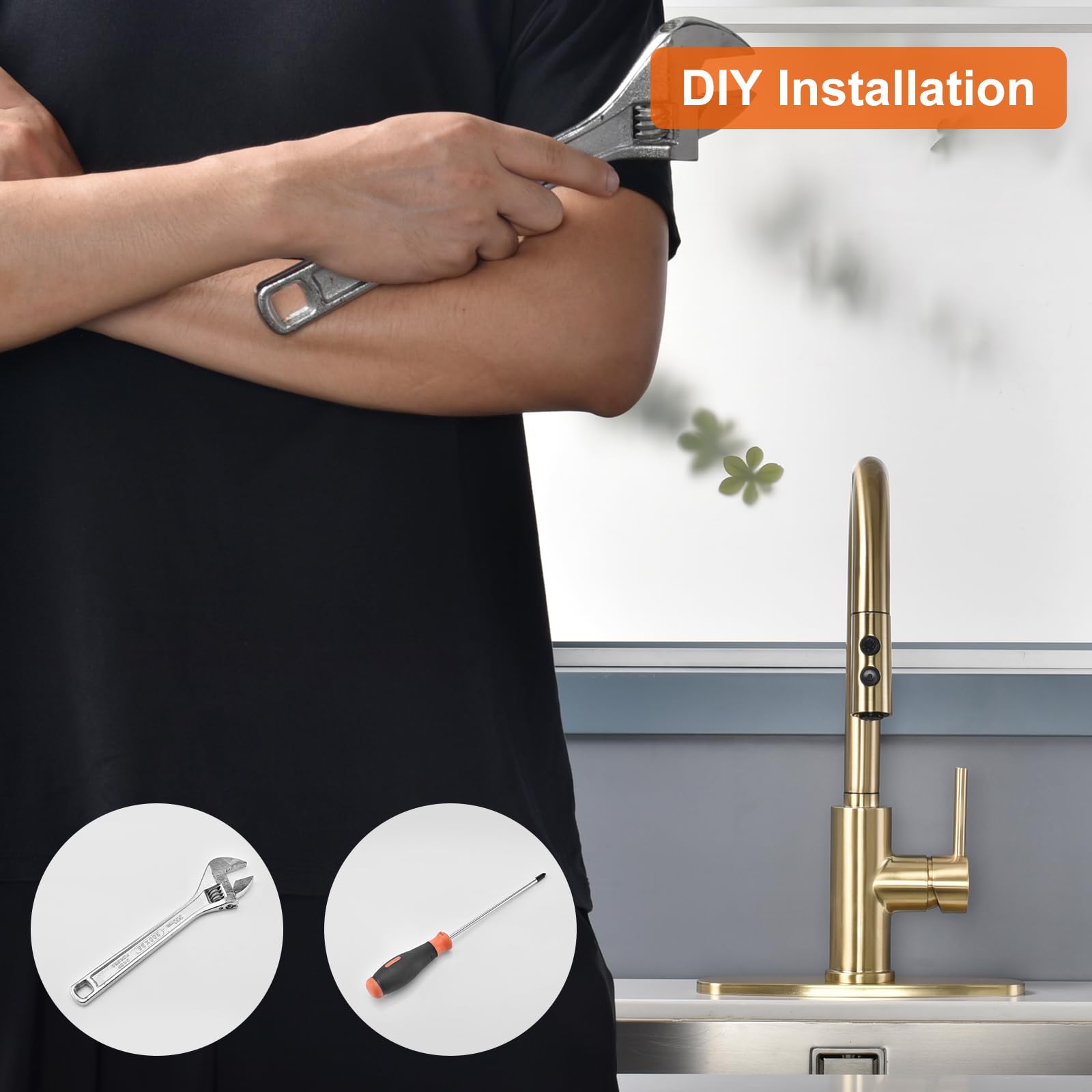 RULIA Brushed Brass Pull-Down Kitchen Faucet with Metal Spray Head - Modern Bar & Sink Faucet for Home Kitchen (Model RB1068) | Perfect for Cooking, Washing Dishes & Food Prep